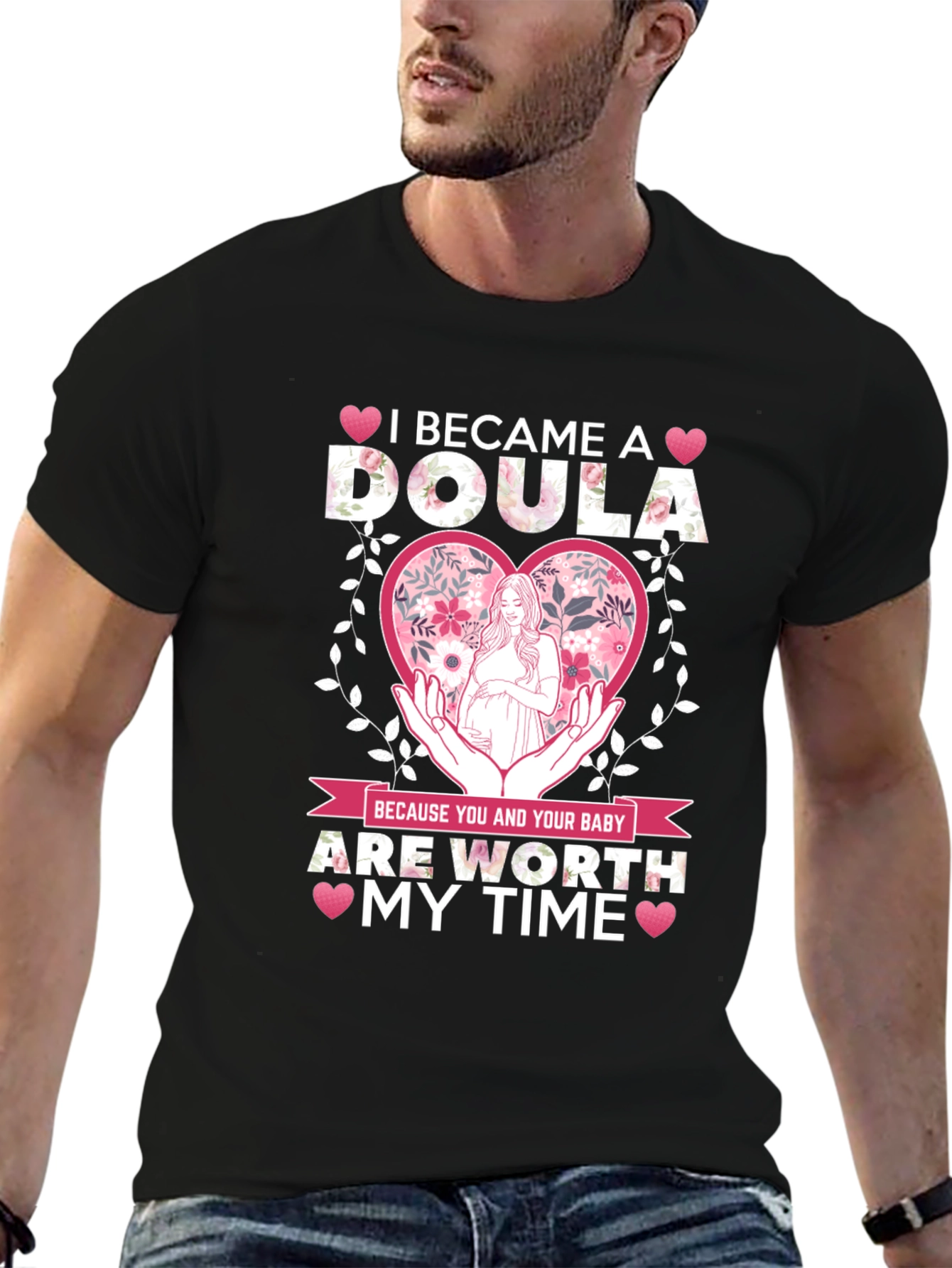 Black Doula T-Shirt - Floral Heart Design view 6