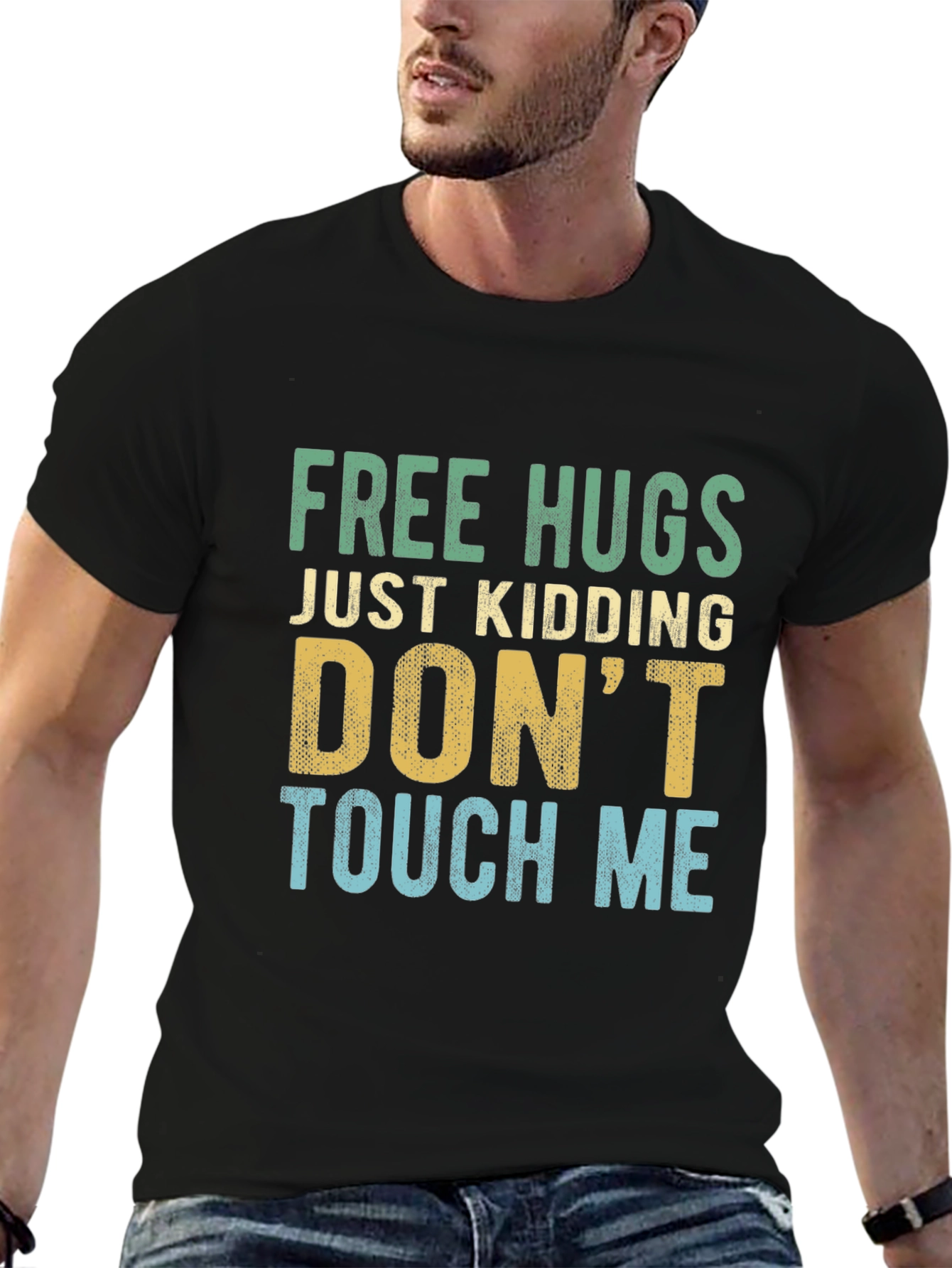 Black Funny Introvert Tee: Free Hugs, Just Kidding! view 6