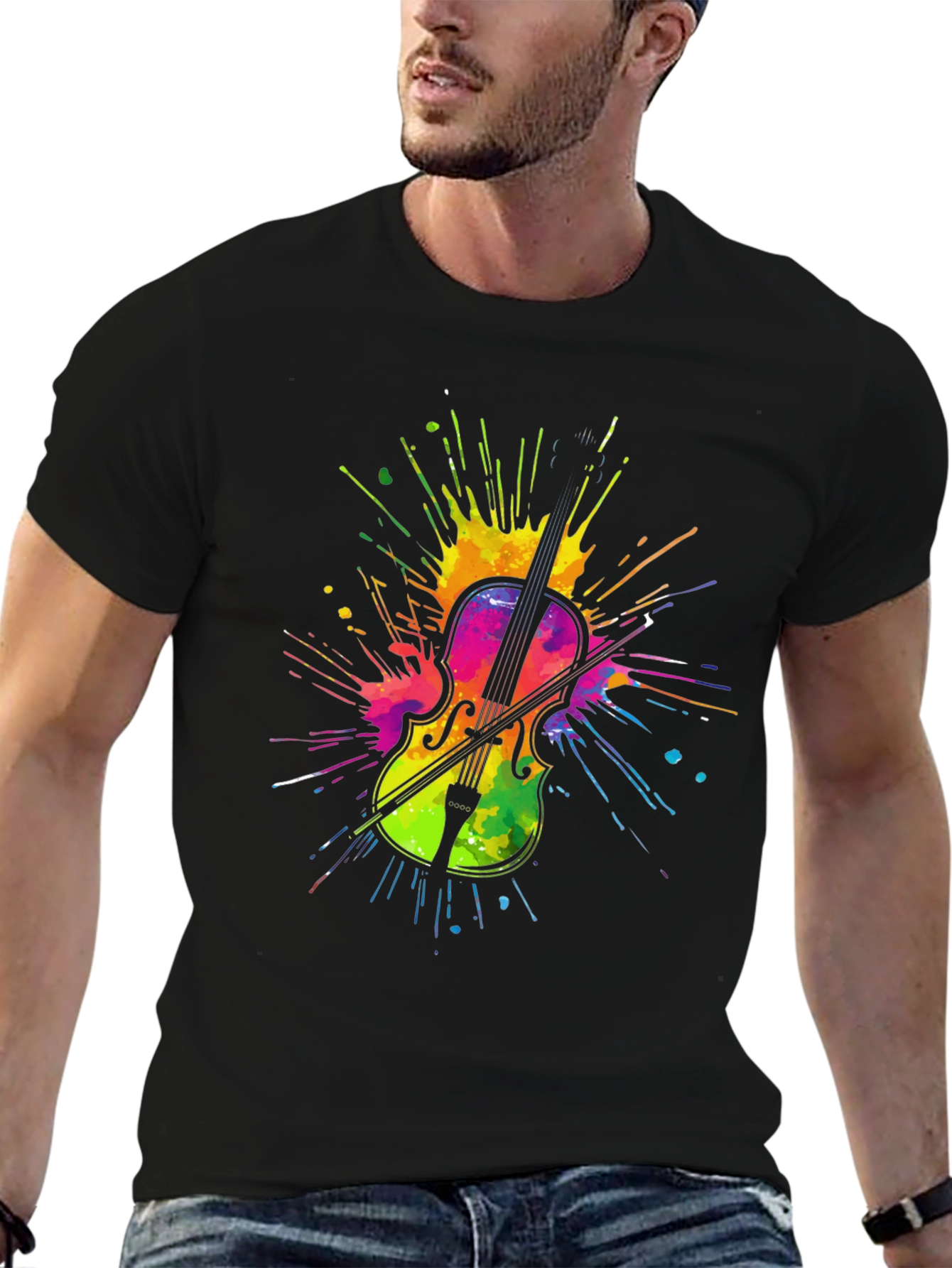 Black Colorful Violin Graphic Tee view 6