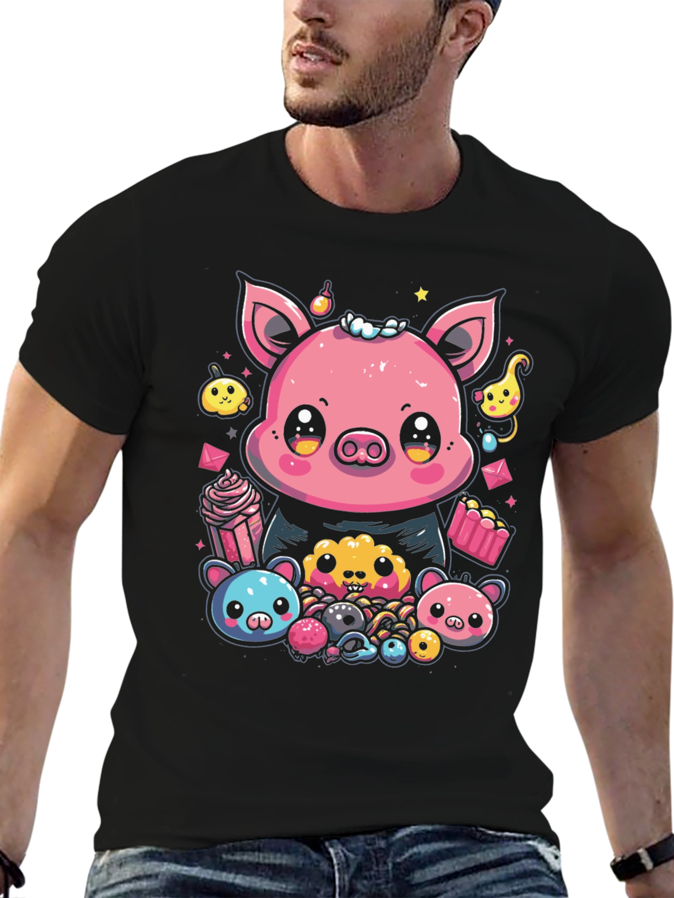 Black Kawaii Piggy T-Shirt - Cute Cartoon Graphic Tee view 6