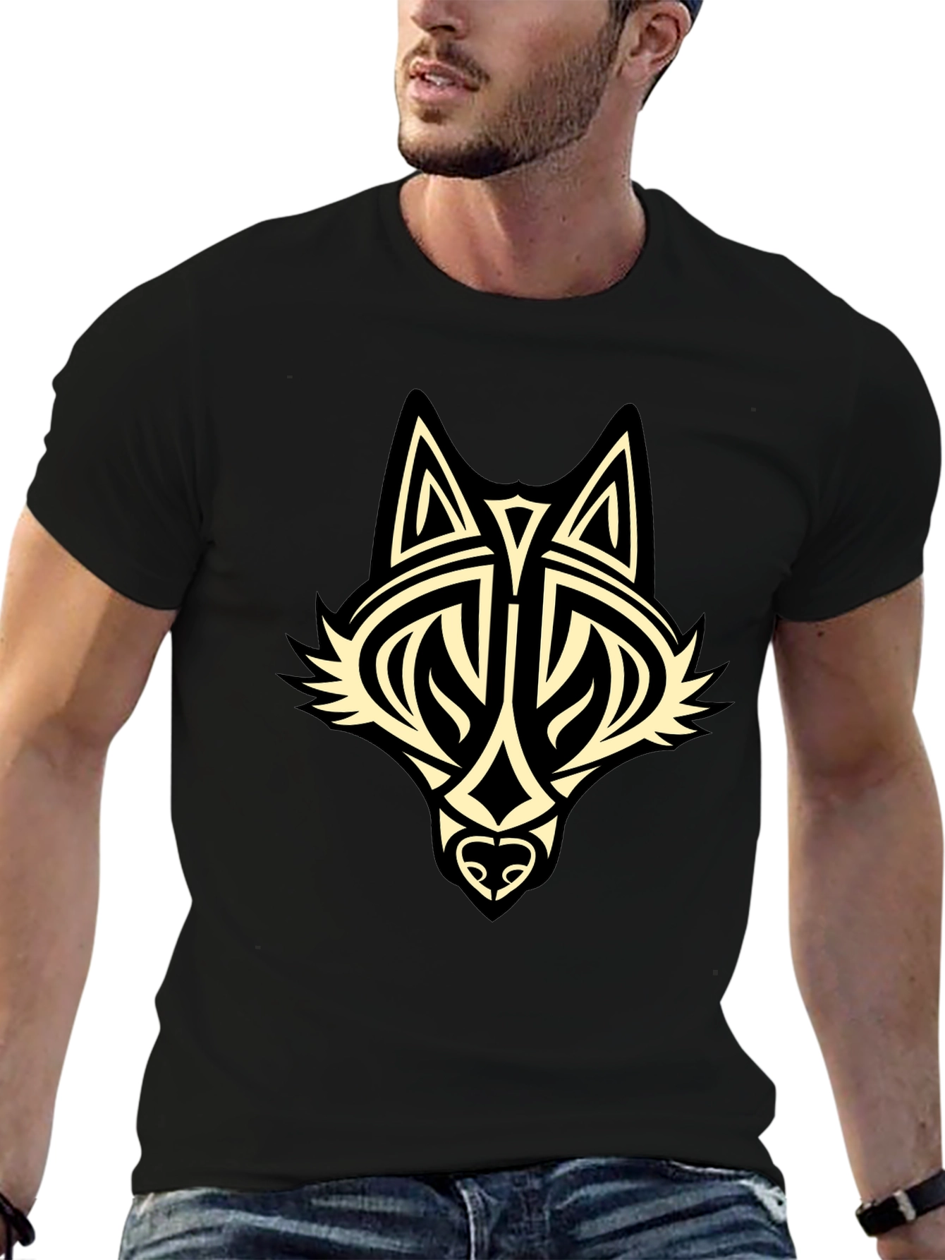 Black Tribal Wolf Graphic Black T-Shirt view 6