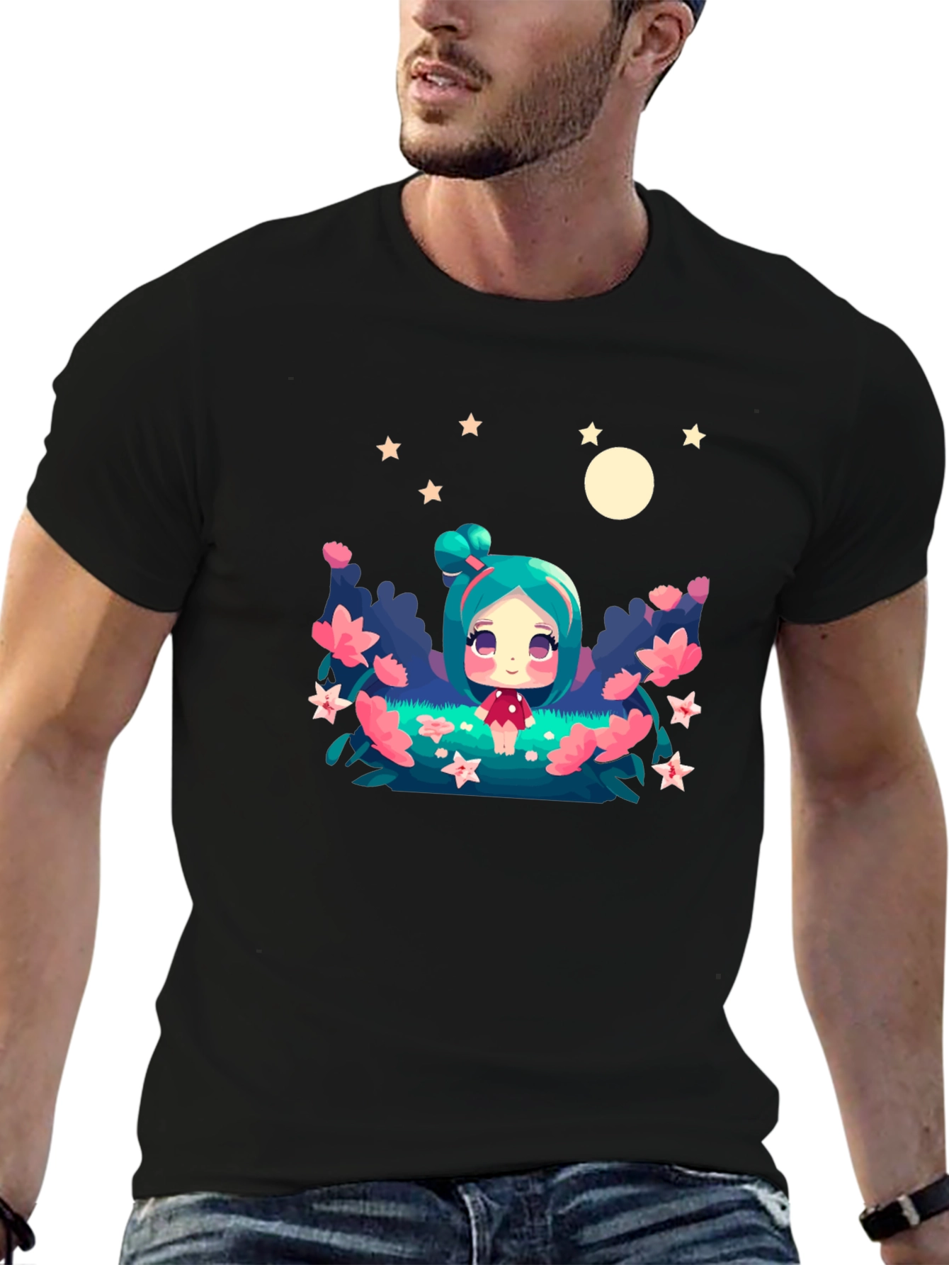 Black Cute Cartoon Fairy Graphic Tee - Black Unisex T-Shirt view 6