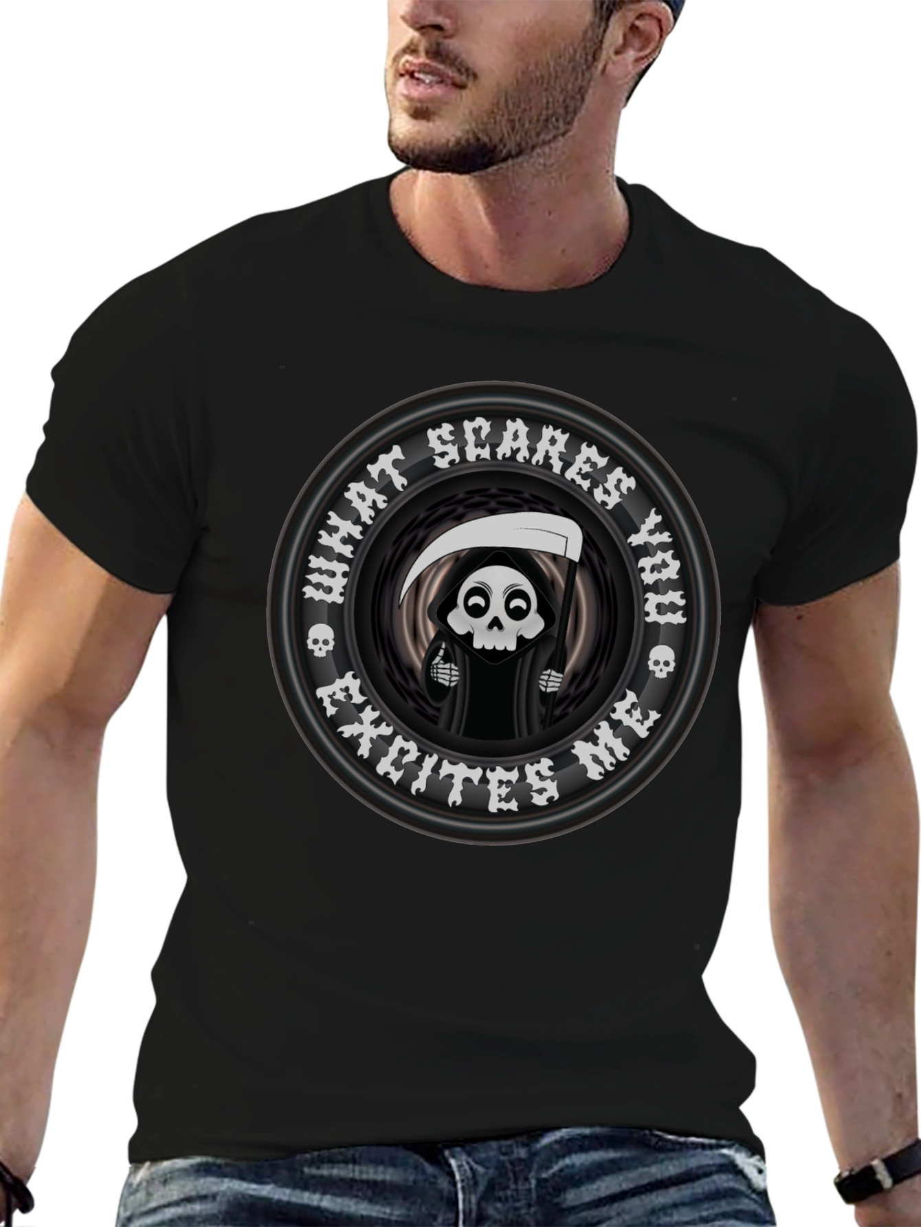 Black Funny Grim Reaper 'What Scares You' Graphic T-Shirt view 6