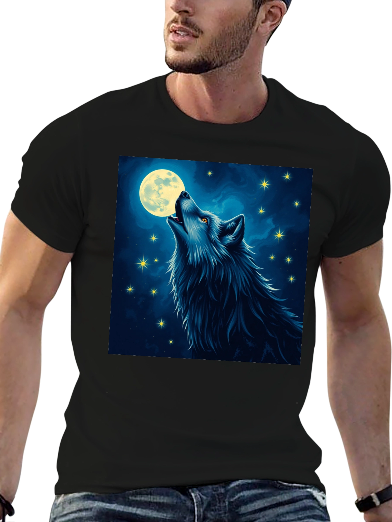 Black Wolf Moon T-Shirt - Mystical Night Design view 6