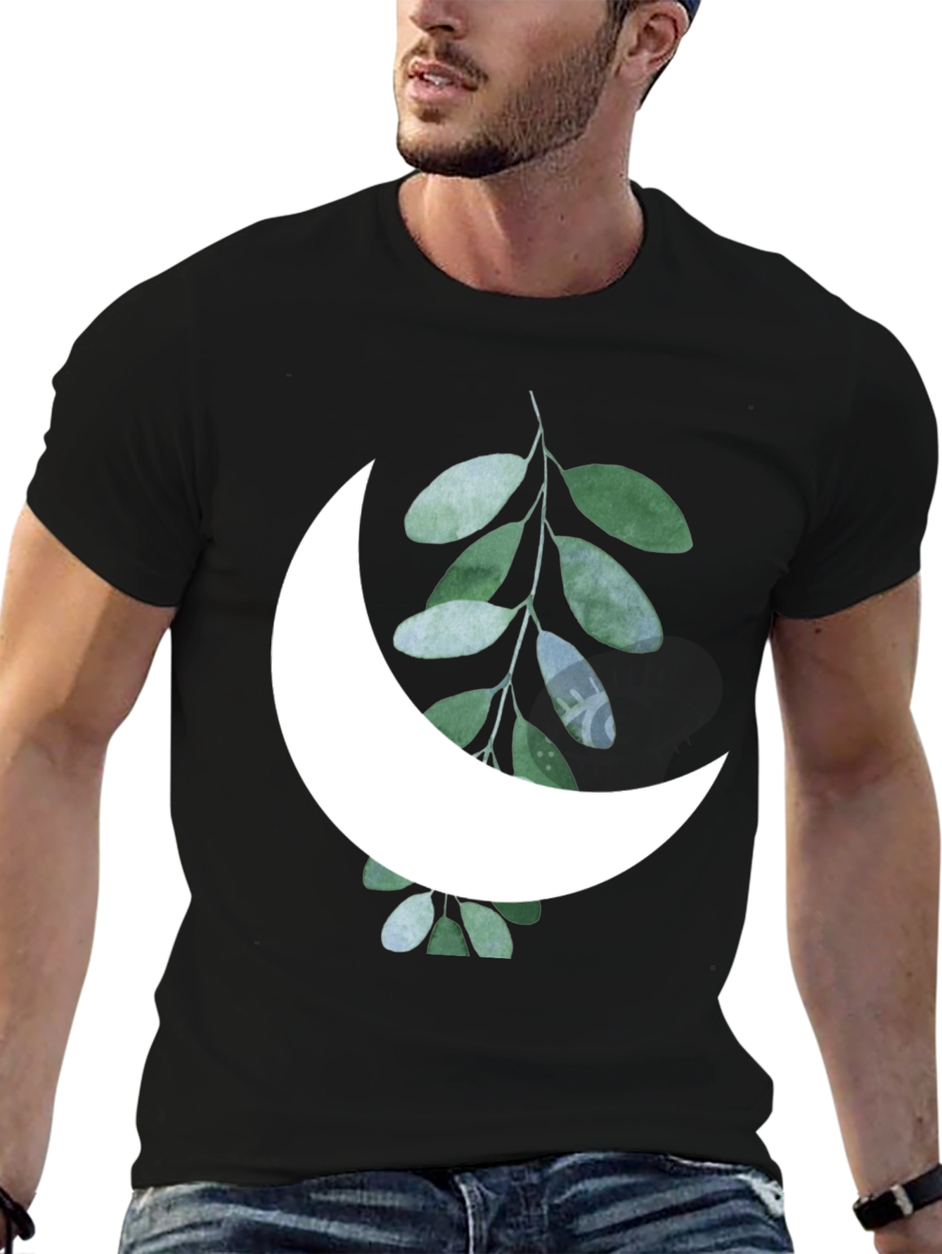 Black Moon & Leaf Graphic Black T-Shirt view 6
