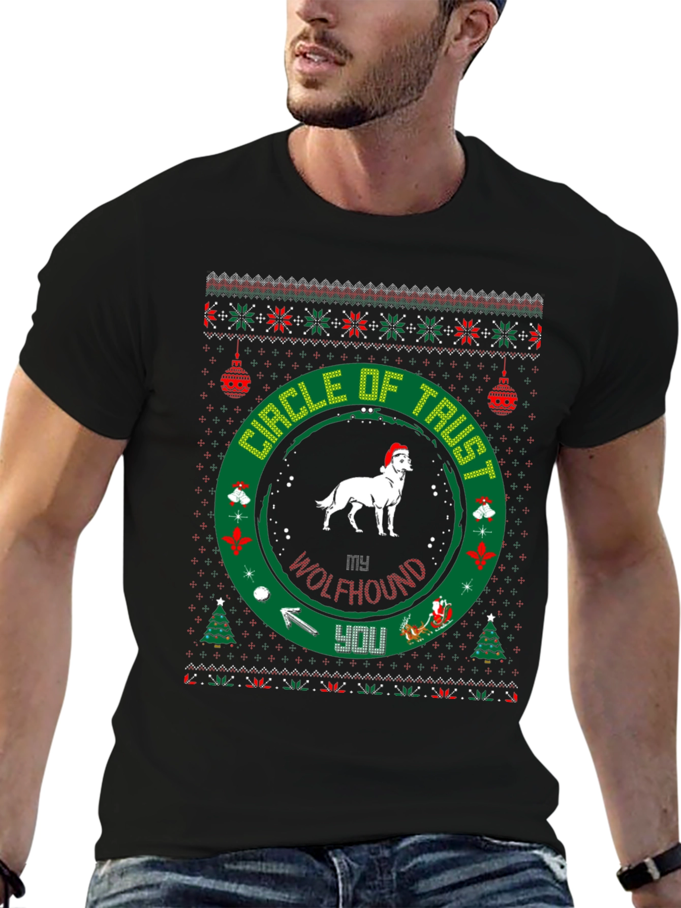 Black My Wolfhound Circle of Trust Christmas T-Shirt view 6