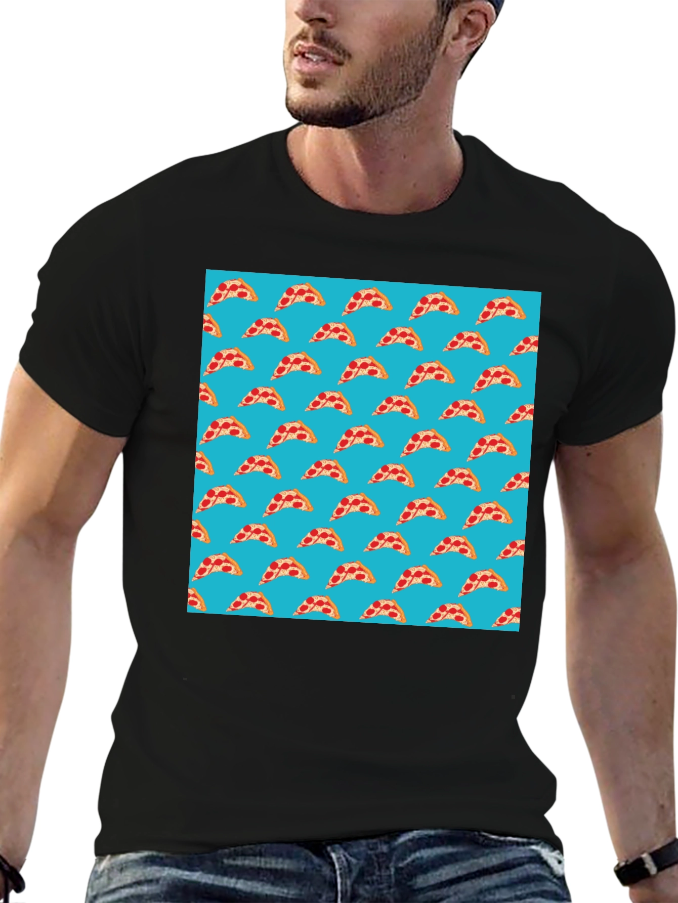 Black Pizza Slice Pattern T-Shirt - Fun Foodie Style view 6