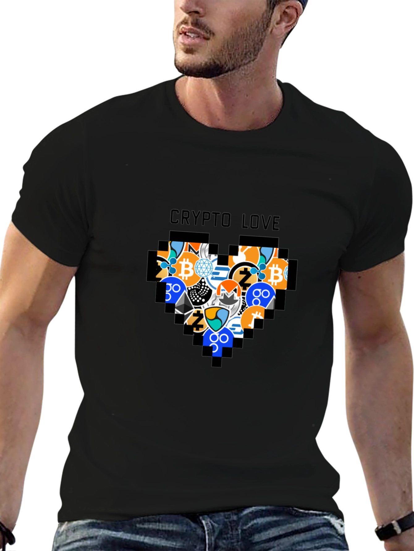 Black Crypto Love Black T-Shirt - Bitcoin & Altcoin Heart view 6