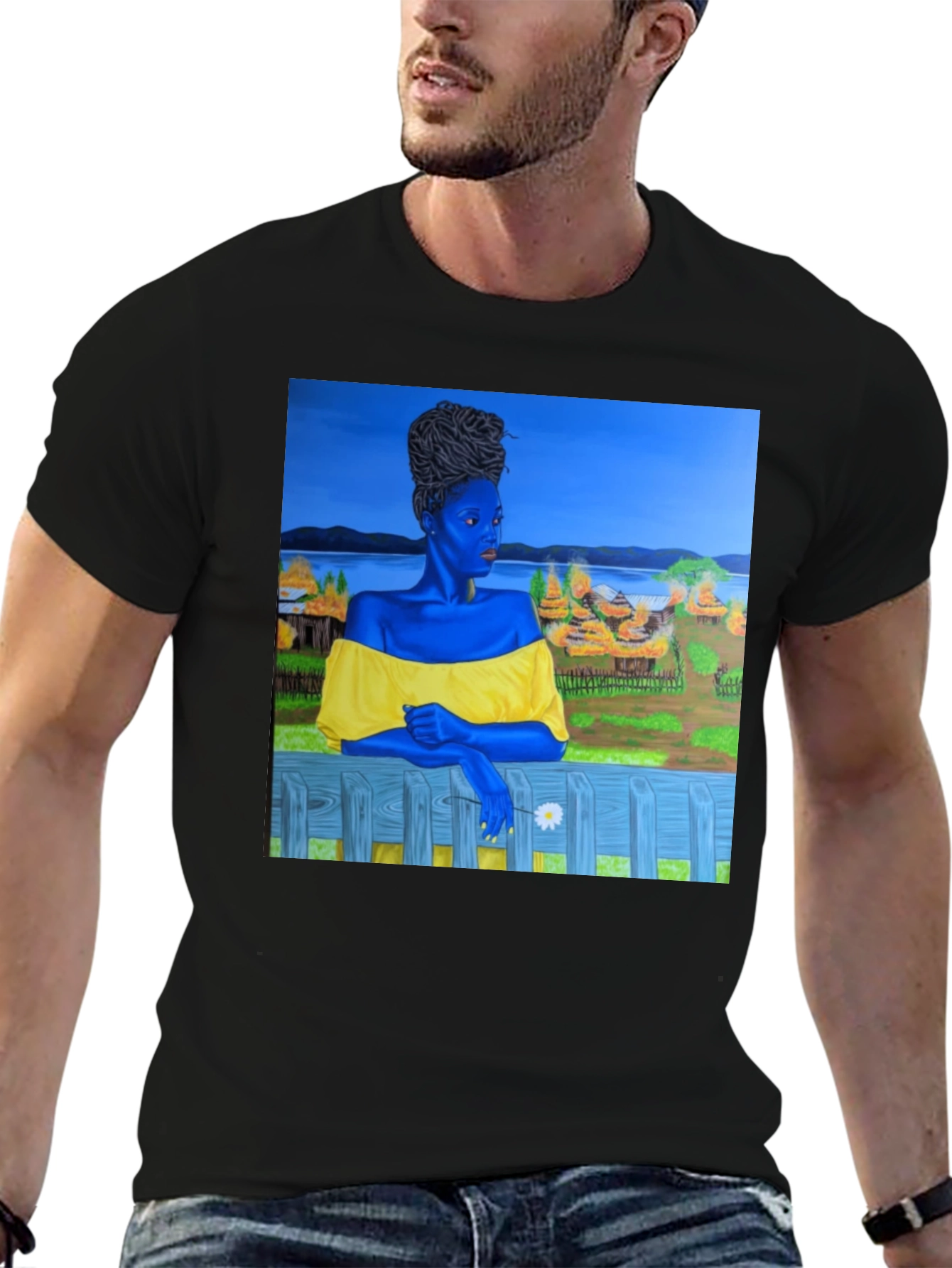 Black Black T-Shirt with Artistic Portrait Print view 6
