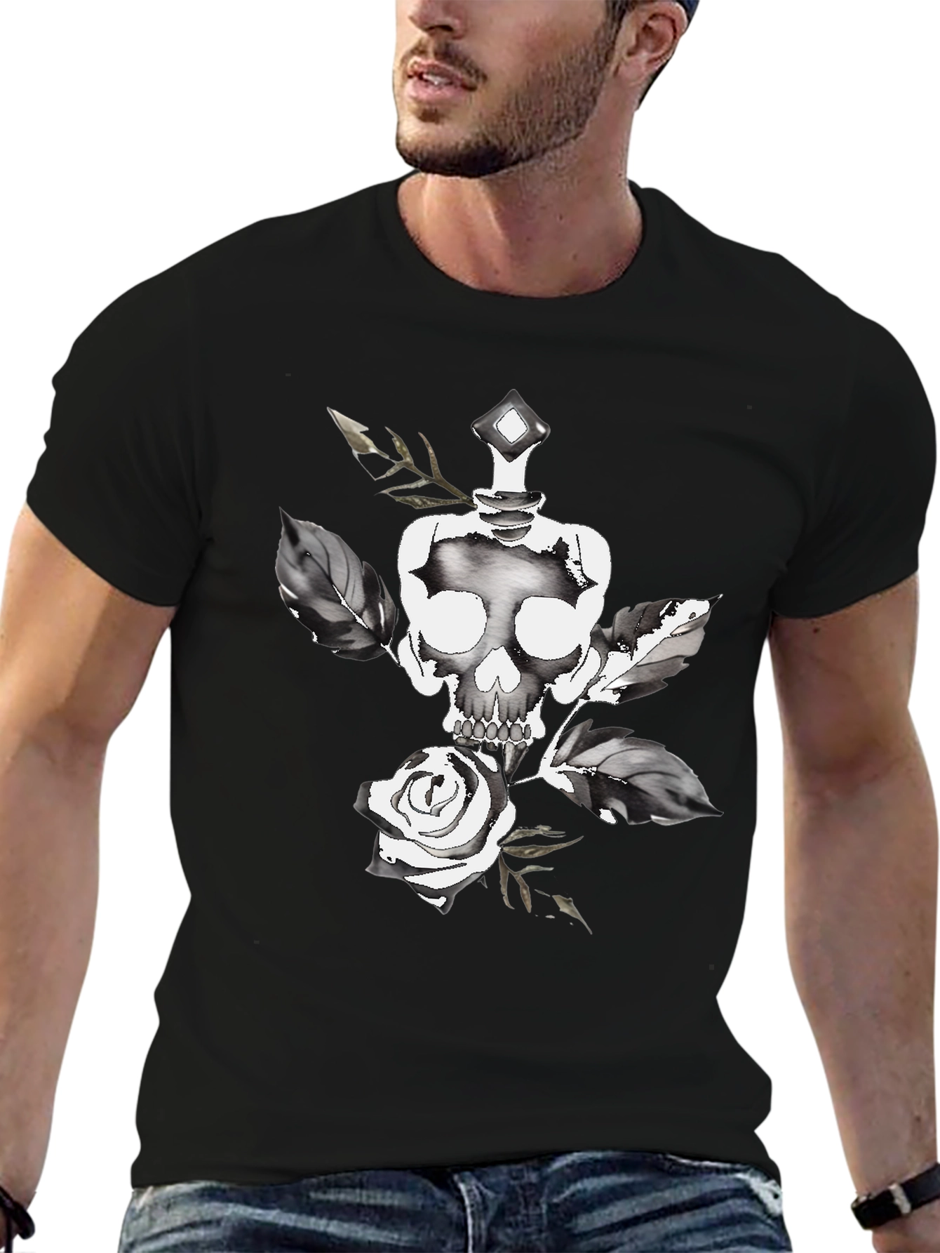 Black Skull & Rose Graphic Tee - Stylish Black Cotton T-Shirt view 6