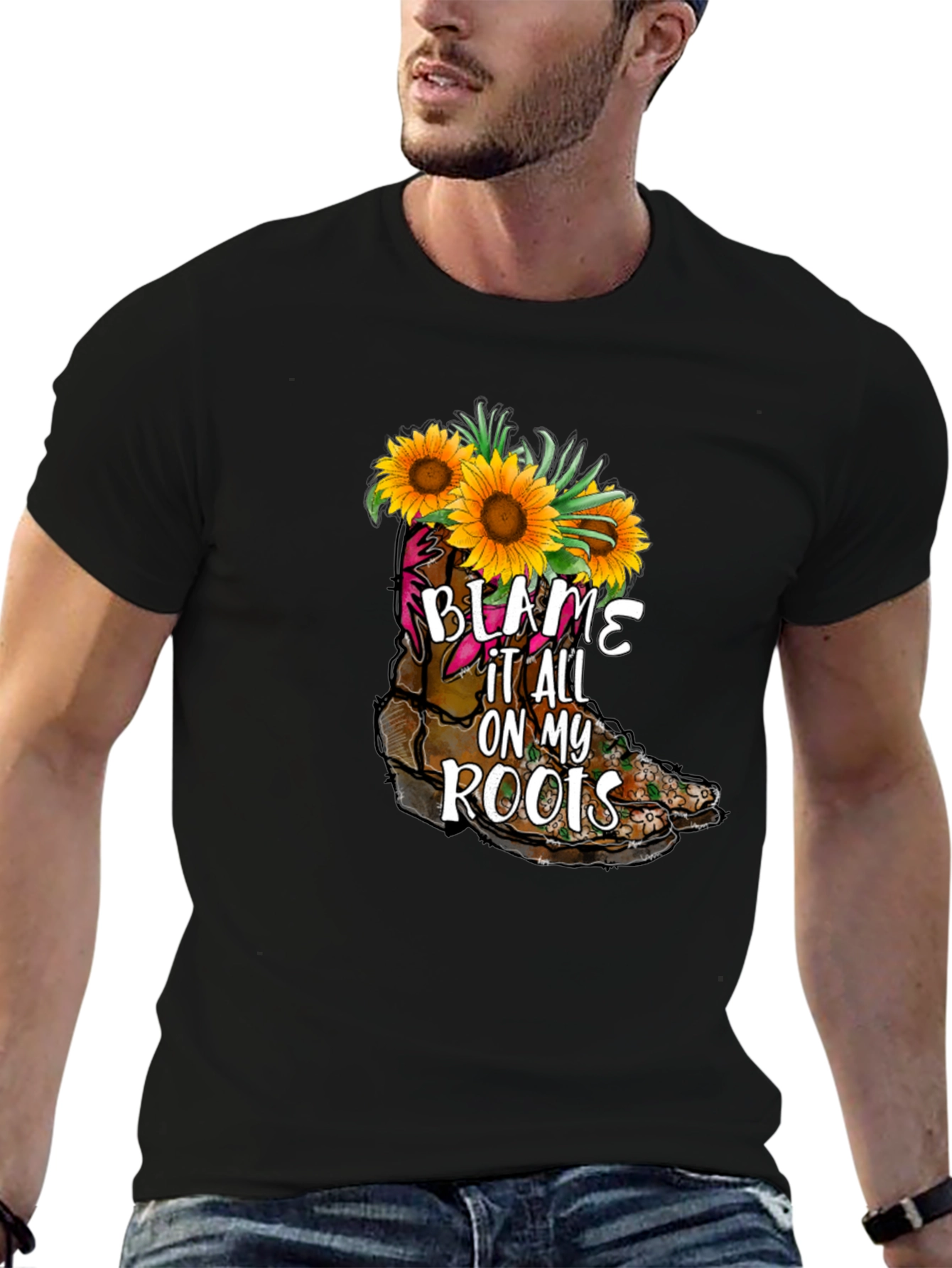 Black Blame It All On My Roots Sunflower Boot T-Shirt view 6