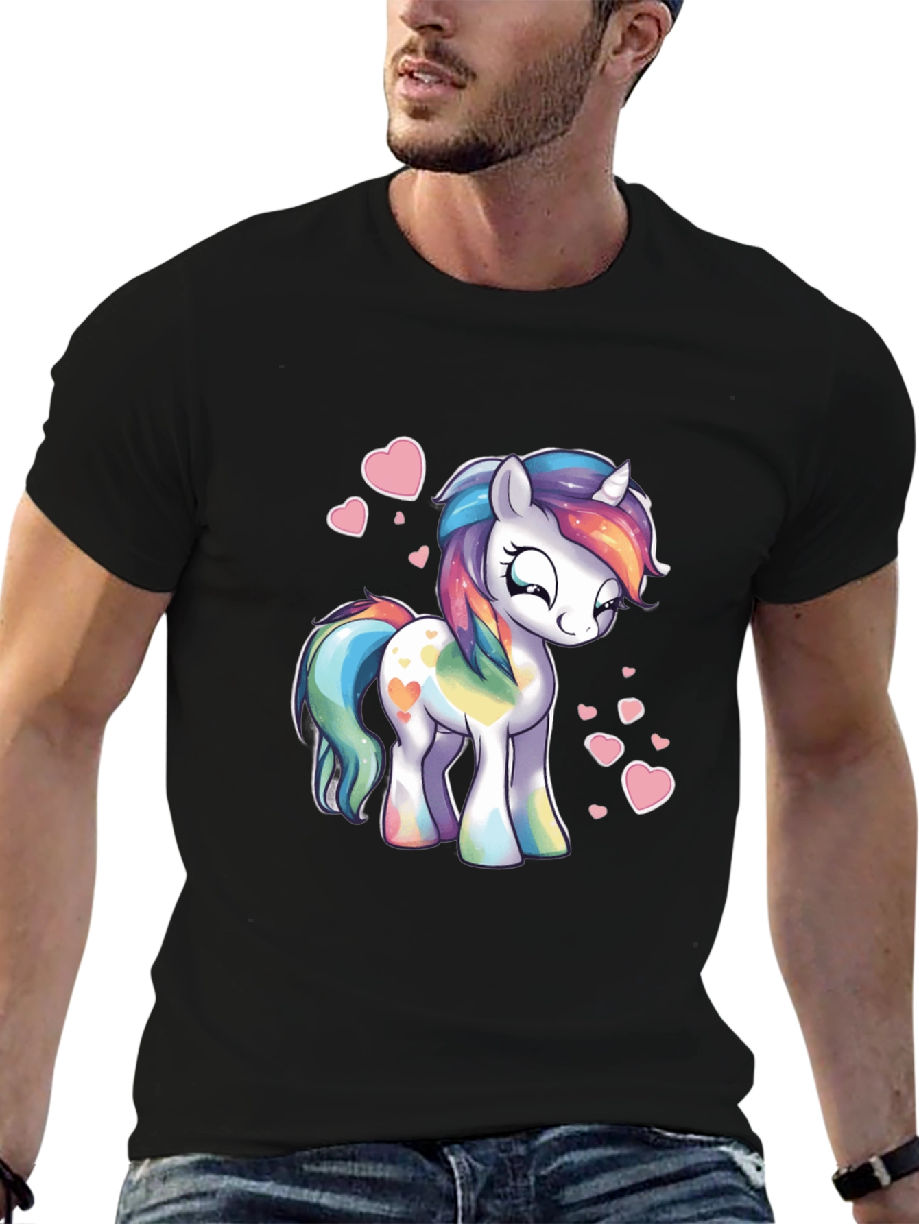 Black Rainbow Unicorn Heart Graphic Black T-Shirt view 6