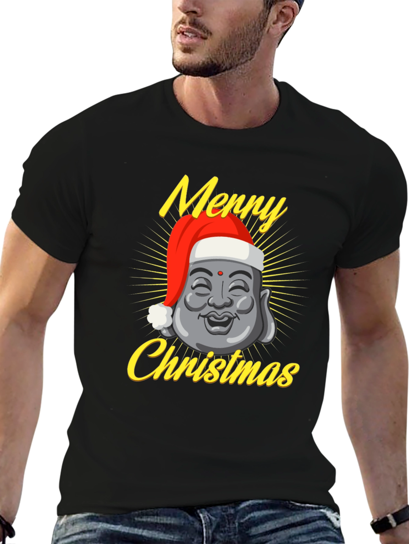Black Merry Christmas Buddha T-Shirt view 6