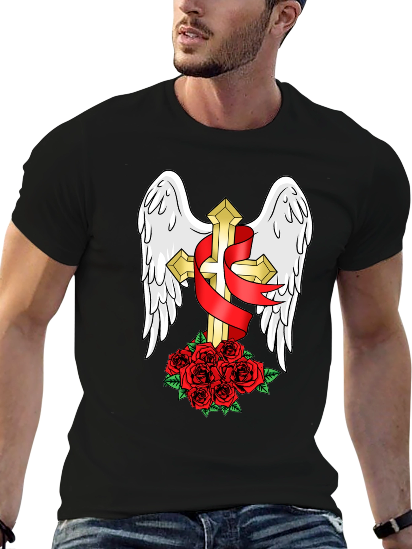 Black Winged Cross & Roses T-Shirt - Stylish Graphic Tee view 6