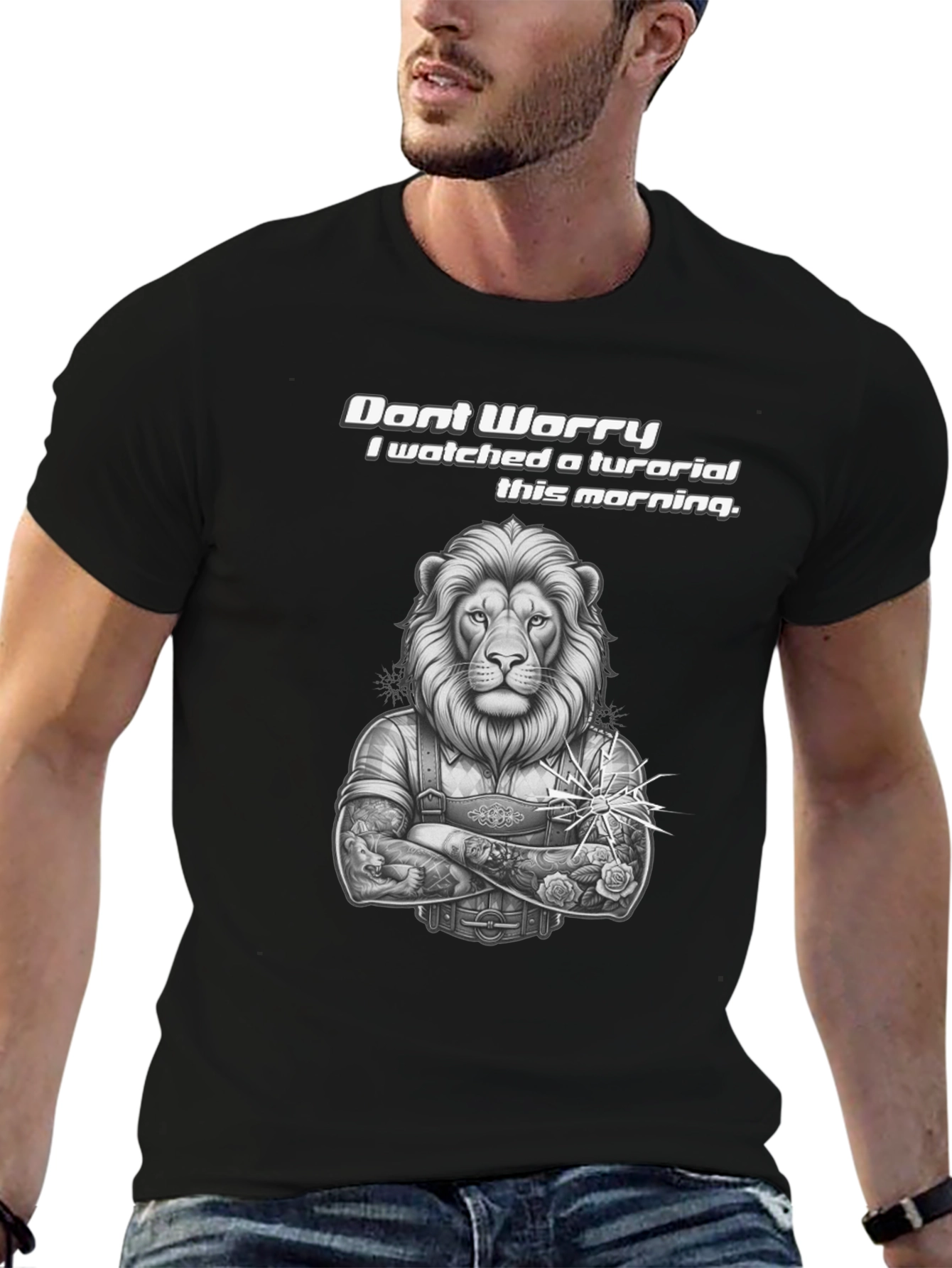Lion Tutorial Graphic T-Shirt - Black Crew Neck - 6