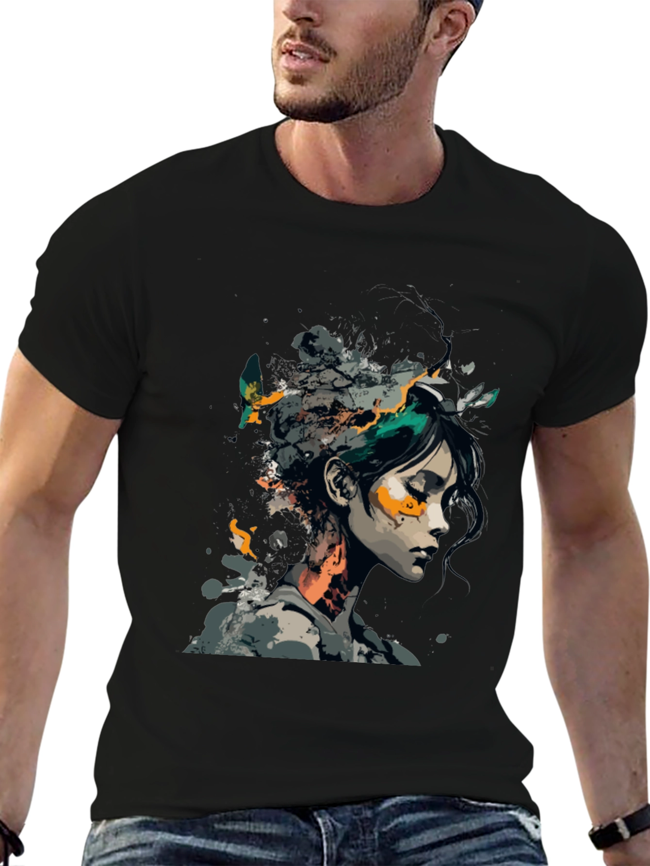 Black Artistic Woman Graphic Black T-Shirt view 6