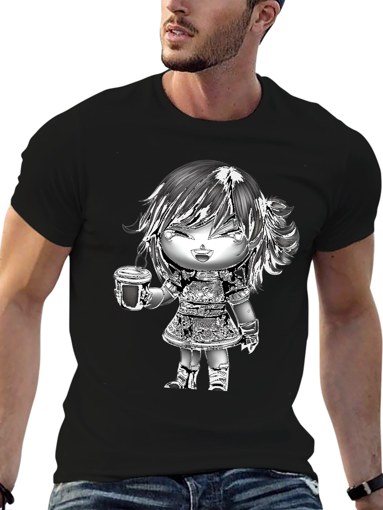 Black Anime Girl Coffee T-Shirt - Black Cotton Tee view 6