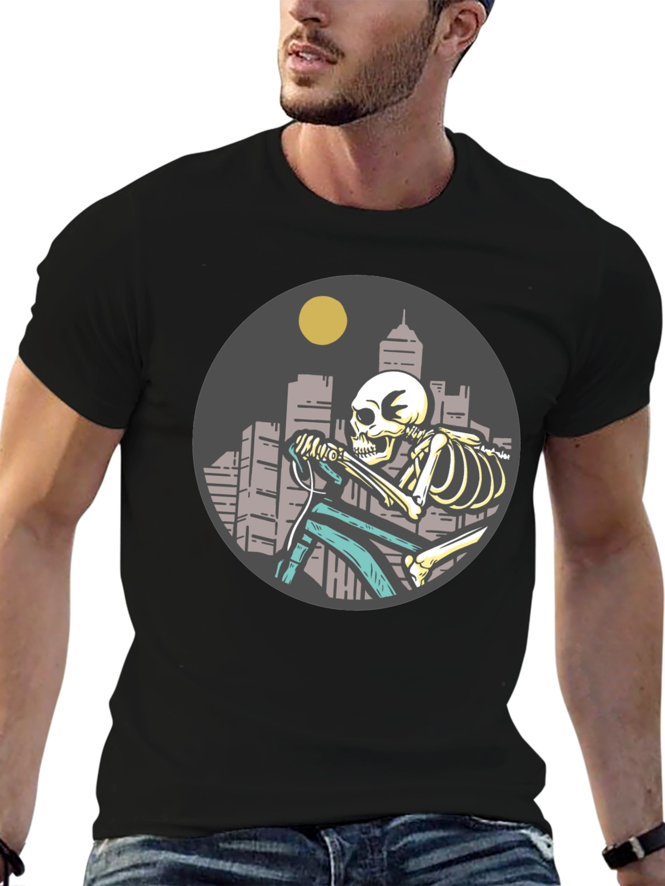 Black Skeleton Riding Bike T-Shirt - Cityscape Design view 6