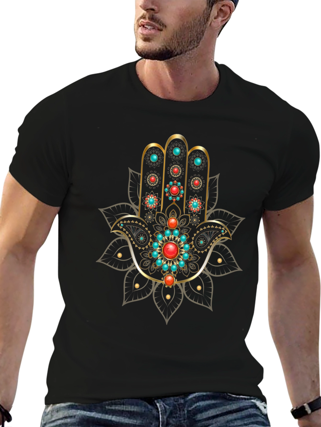 Black Hamsa Hand Graphic Print Black T-Shirt view 6