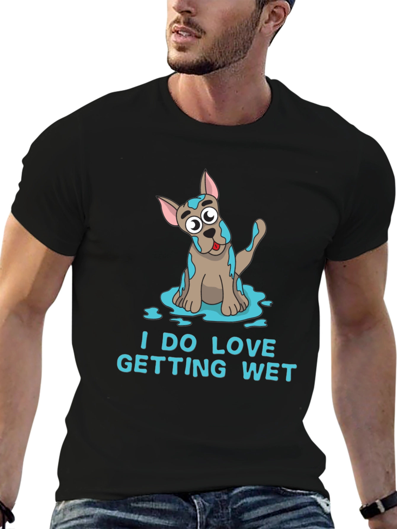 Black Funny 'I DO LOVE GETTING WET' Dog T-Shirt view 6