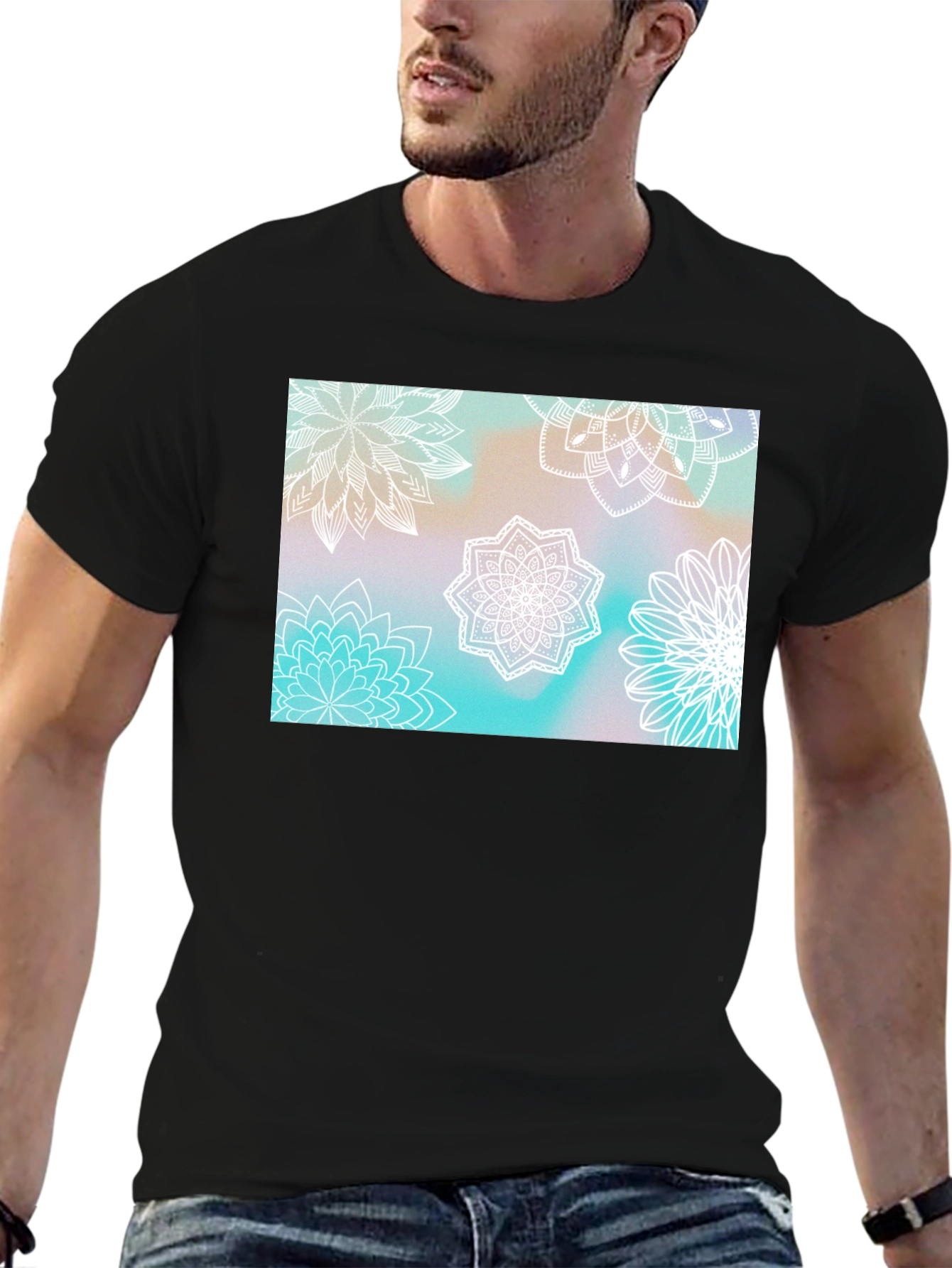 Black Floral Mandala Print Black T-Shirt view 6
