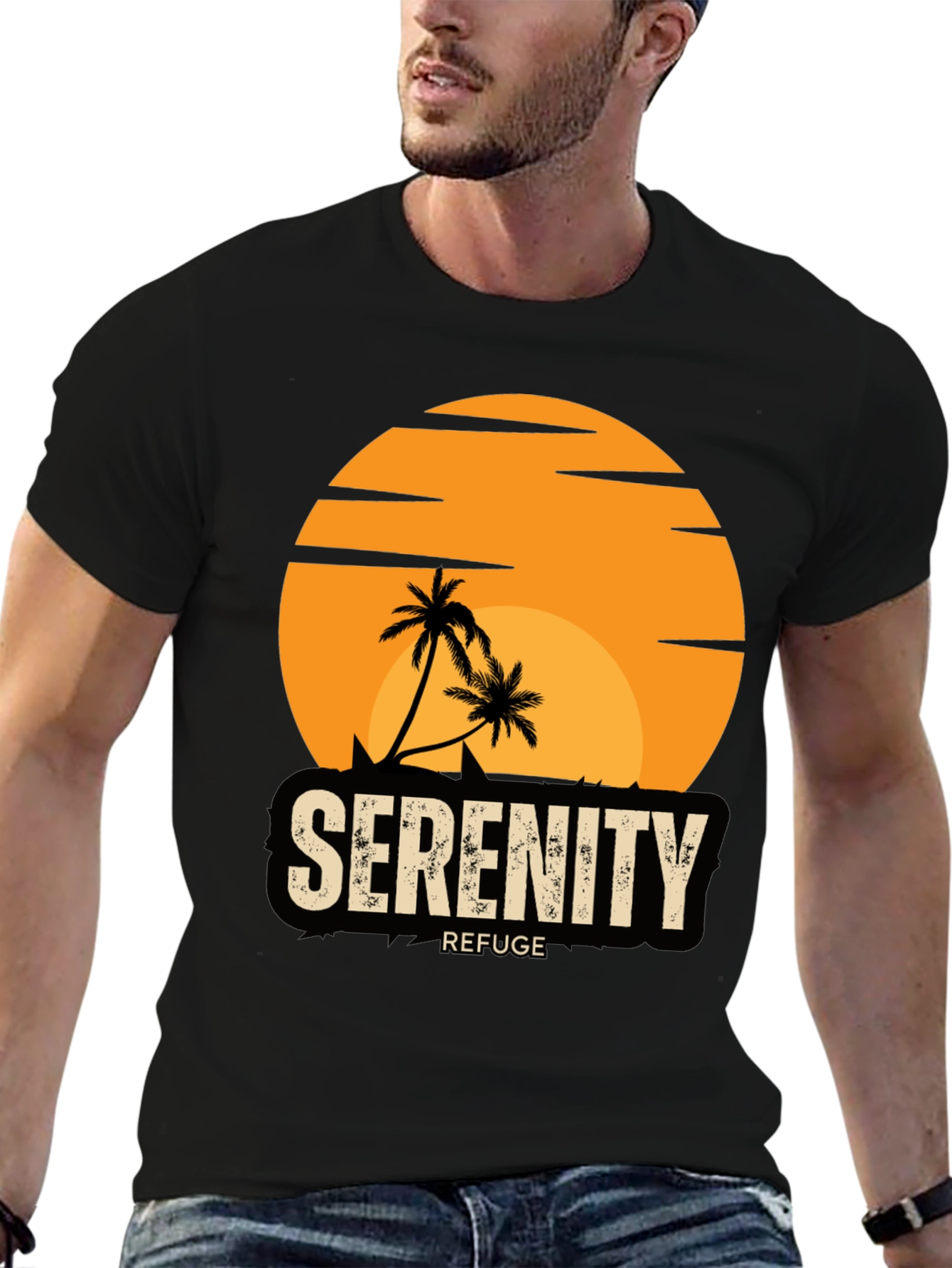 Black Serenity Refuge T-Shirt - Tropical Palm Tree Sunset Tee view 6