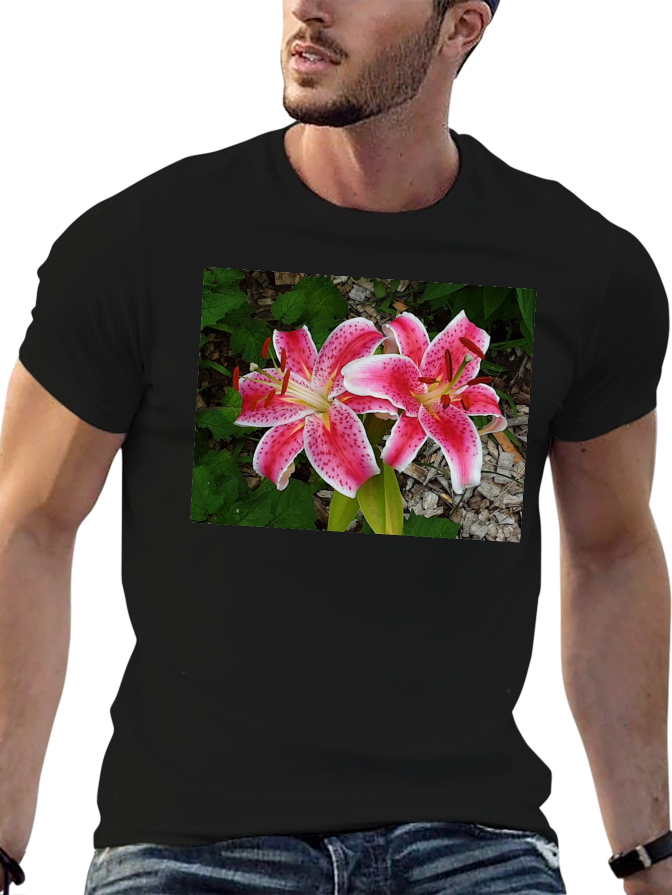 Black Floral Lily Print Black T-Shirt view 6
