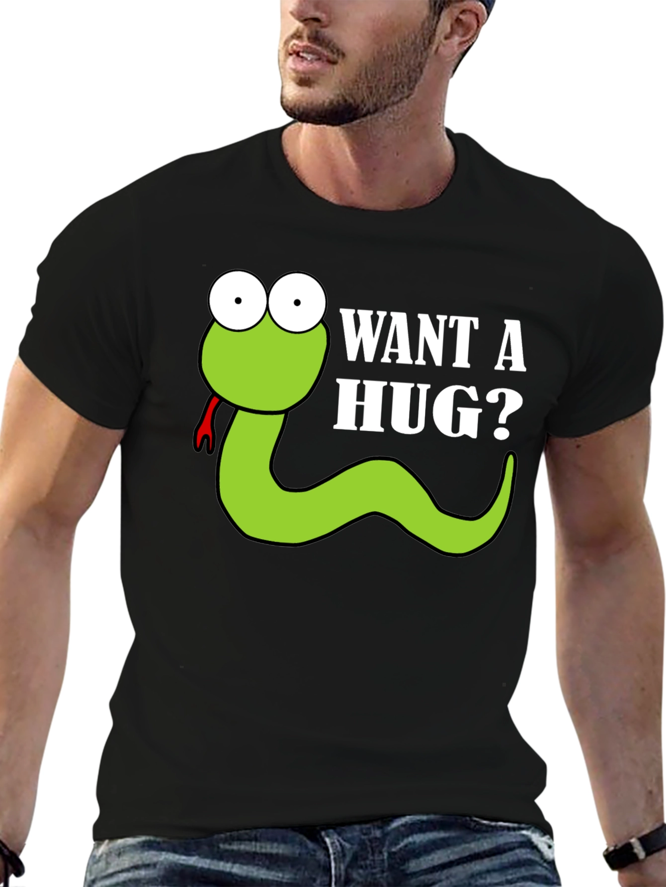 Black Want a Hug? Funny Snake Cartoon Graphic T-Shirt view 6