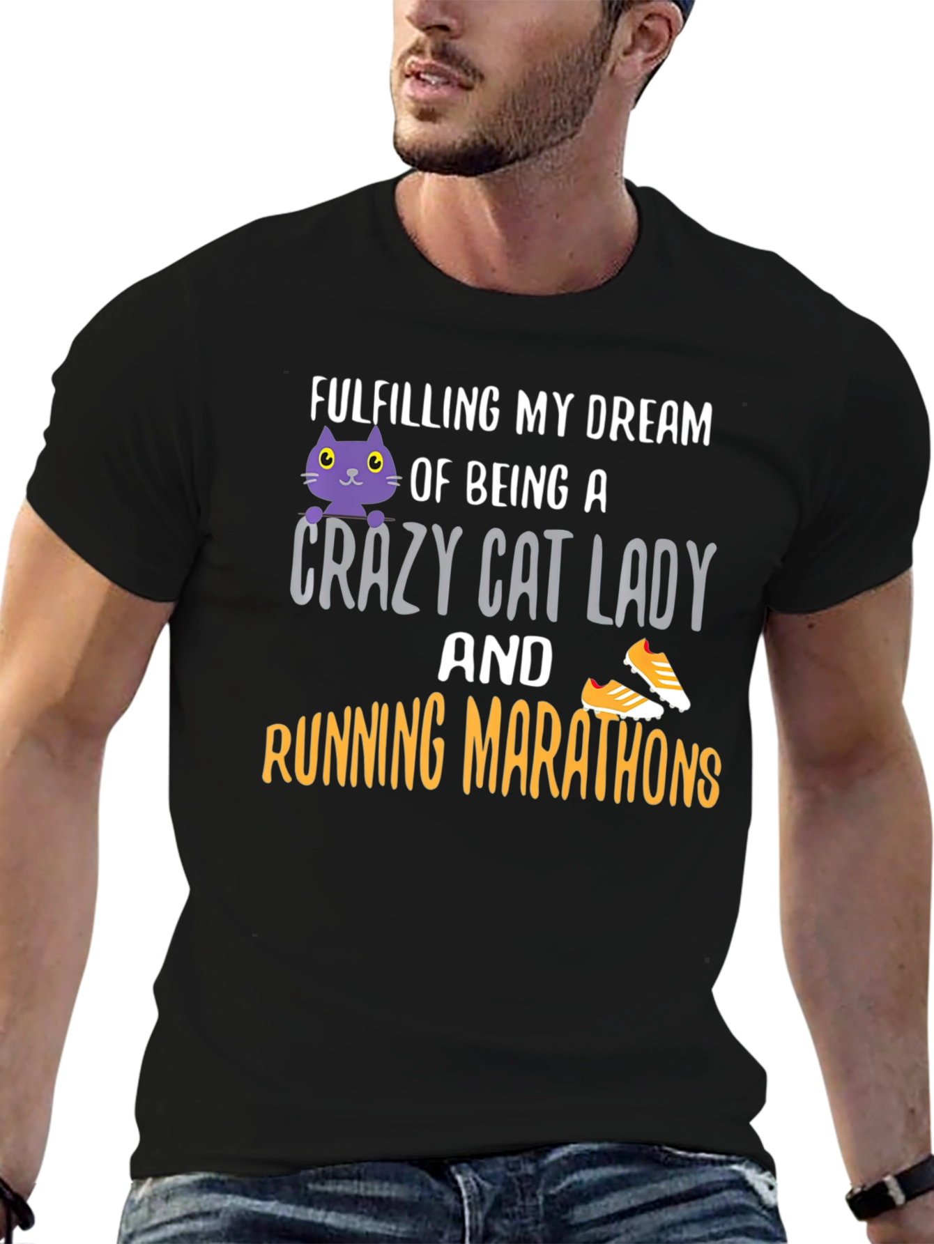 Black Crazy Cat Lady Running Marathon T-Shirt view 6