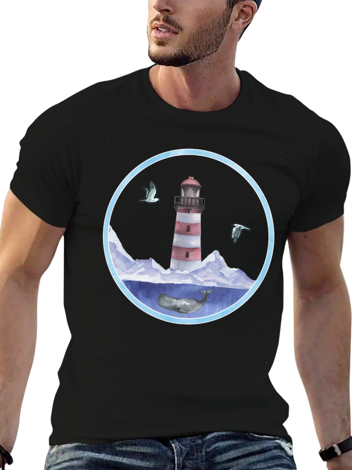 Black Lighthouse & Whale Graphic T-Shirt view 6