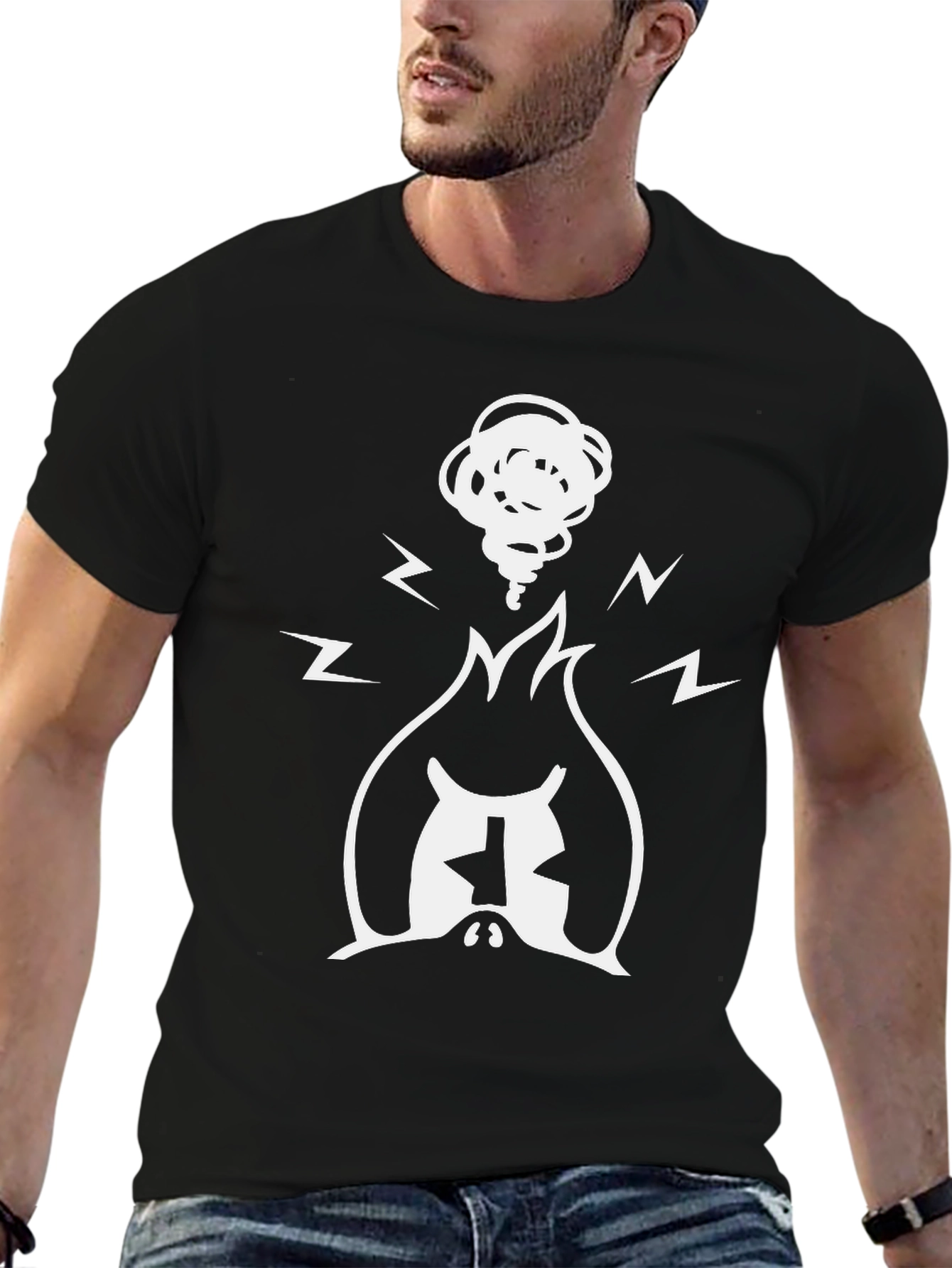 Black Graphic Tee - Burning Head - Black Cotton Blend view 6