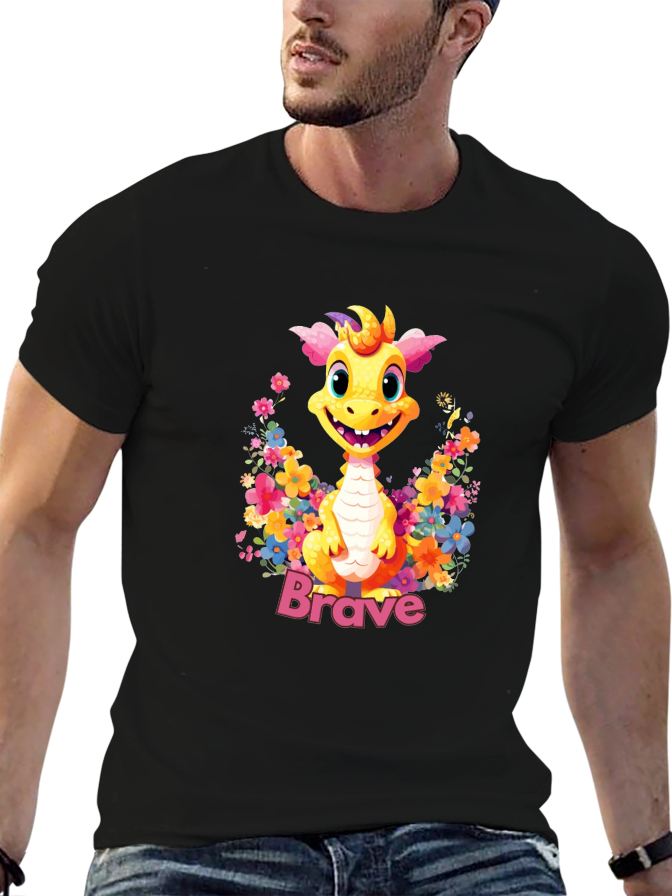 Black Brave Dragon Graphic Tee - Cute Floral Design view 6