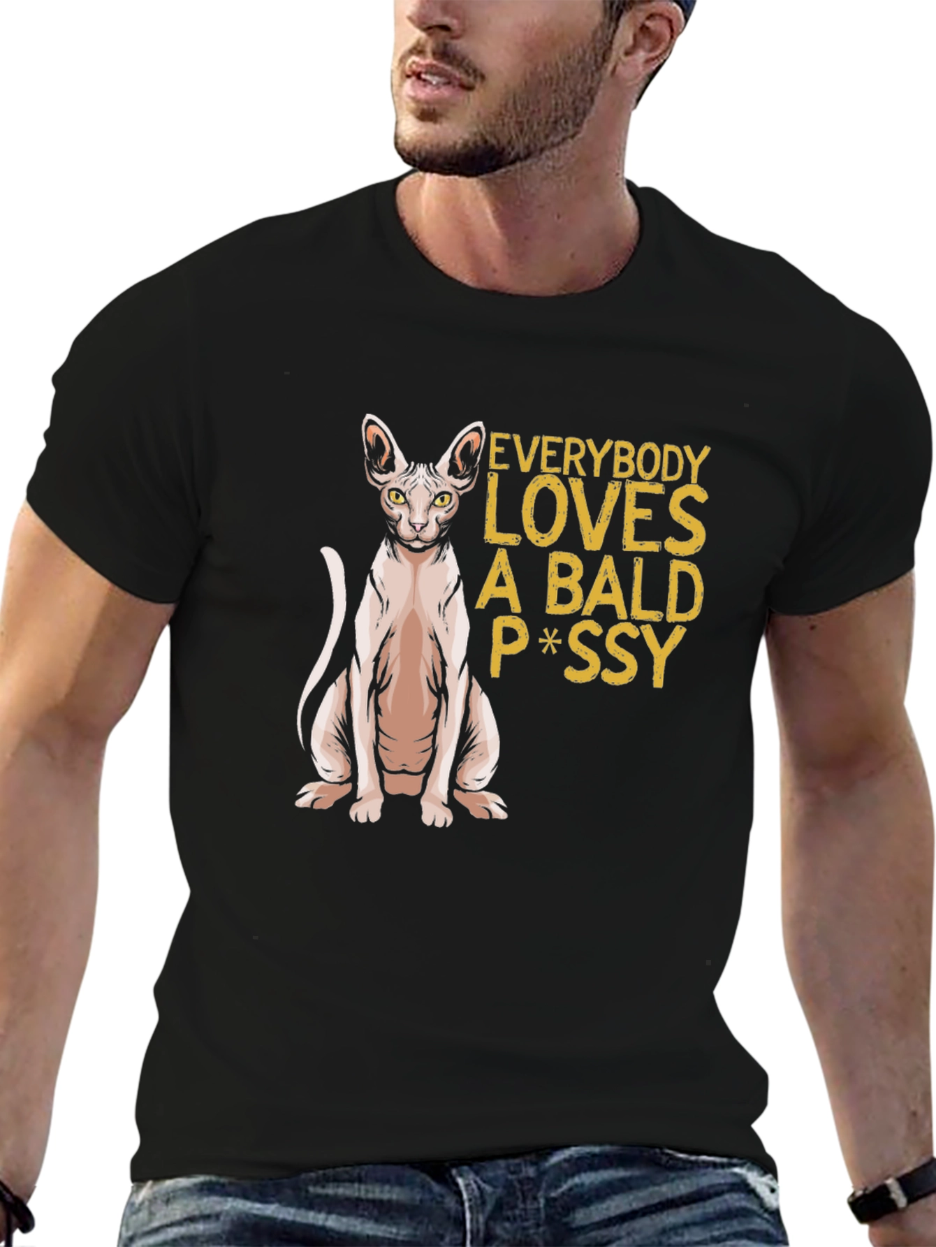 Black Bald Cat P*ssy T-Shirt - Funny Novelty Tee view 6