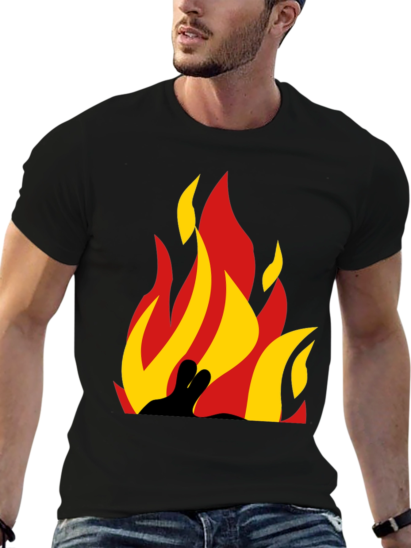 Black Flame Graphic Tee - Bold Black Cotton T-Shirt view 6