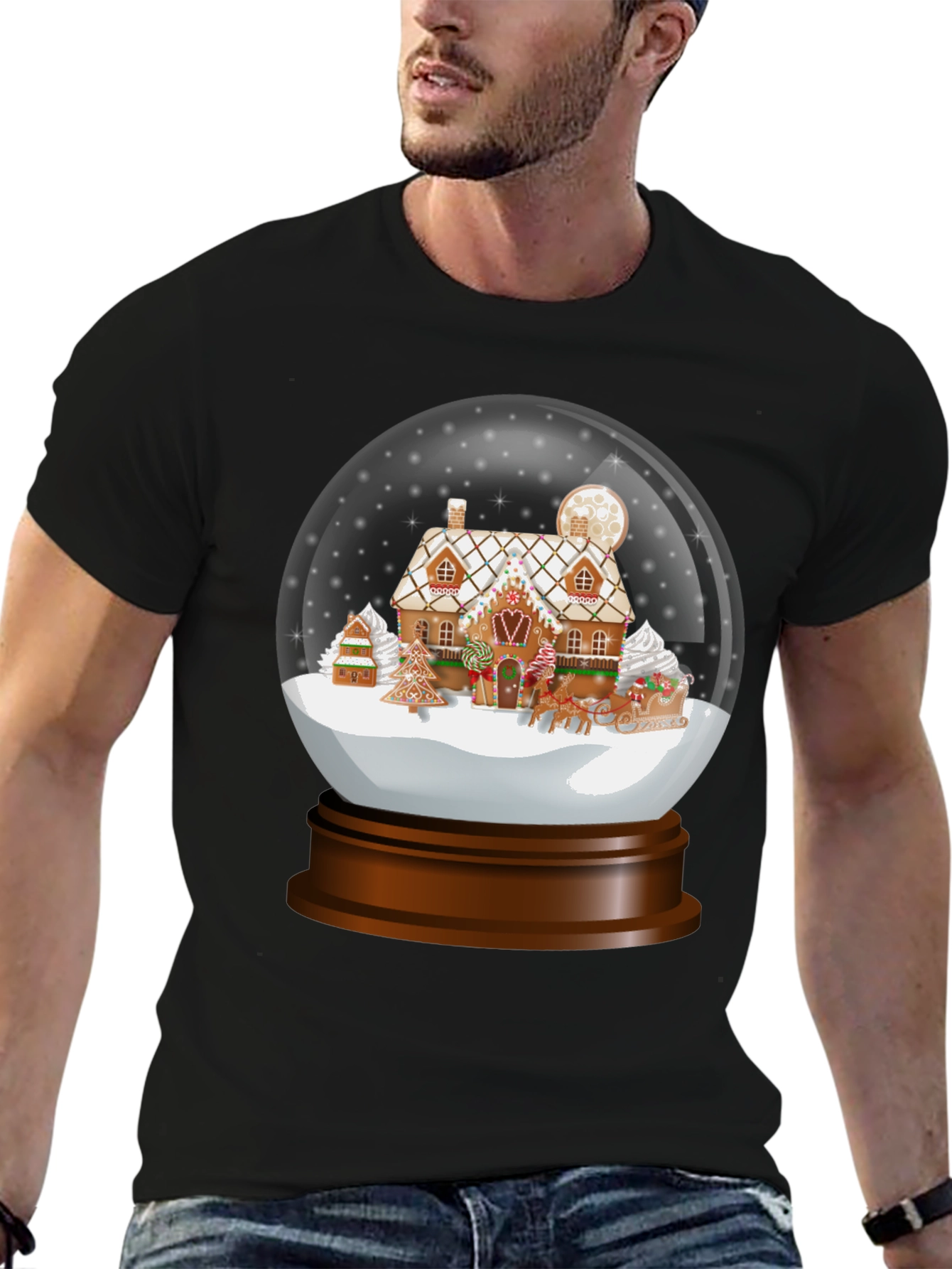 Black Gingerbread House Snow Globe Graphic Tee view 6