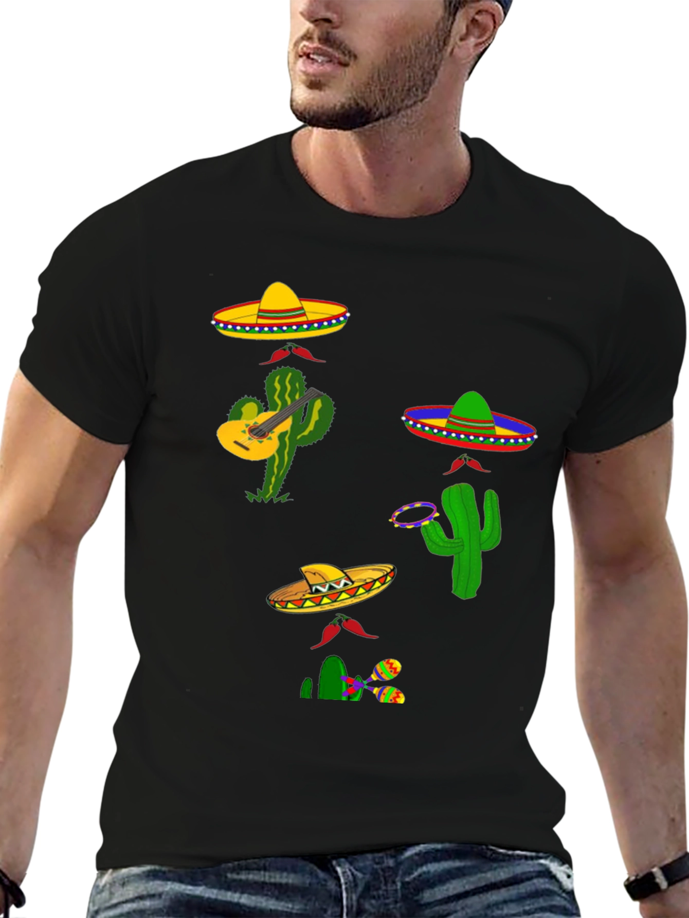 Black Festive Fiesta T-Shirt: Sombreros, Cacti, and Musical Fun view 6