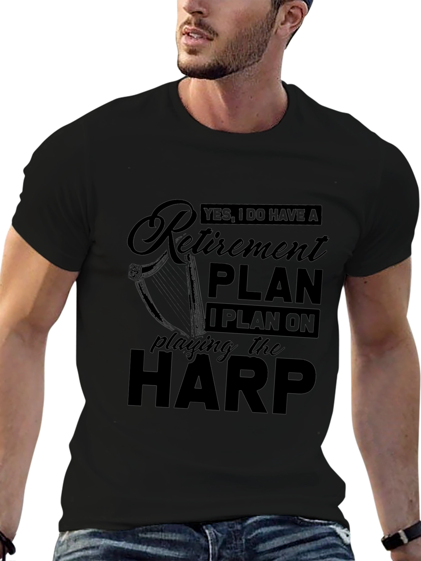 Black Retirement Plan Harp Player Black T-Shirt view 6