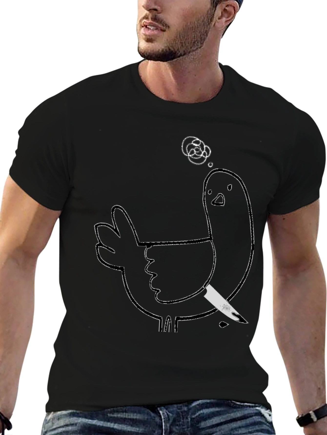 Black Humorous Chicken T-Shirt - Quirky Knife Design view 6