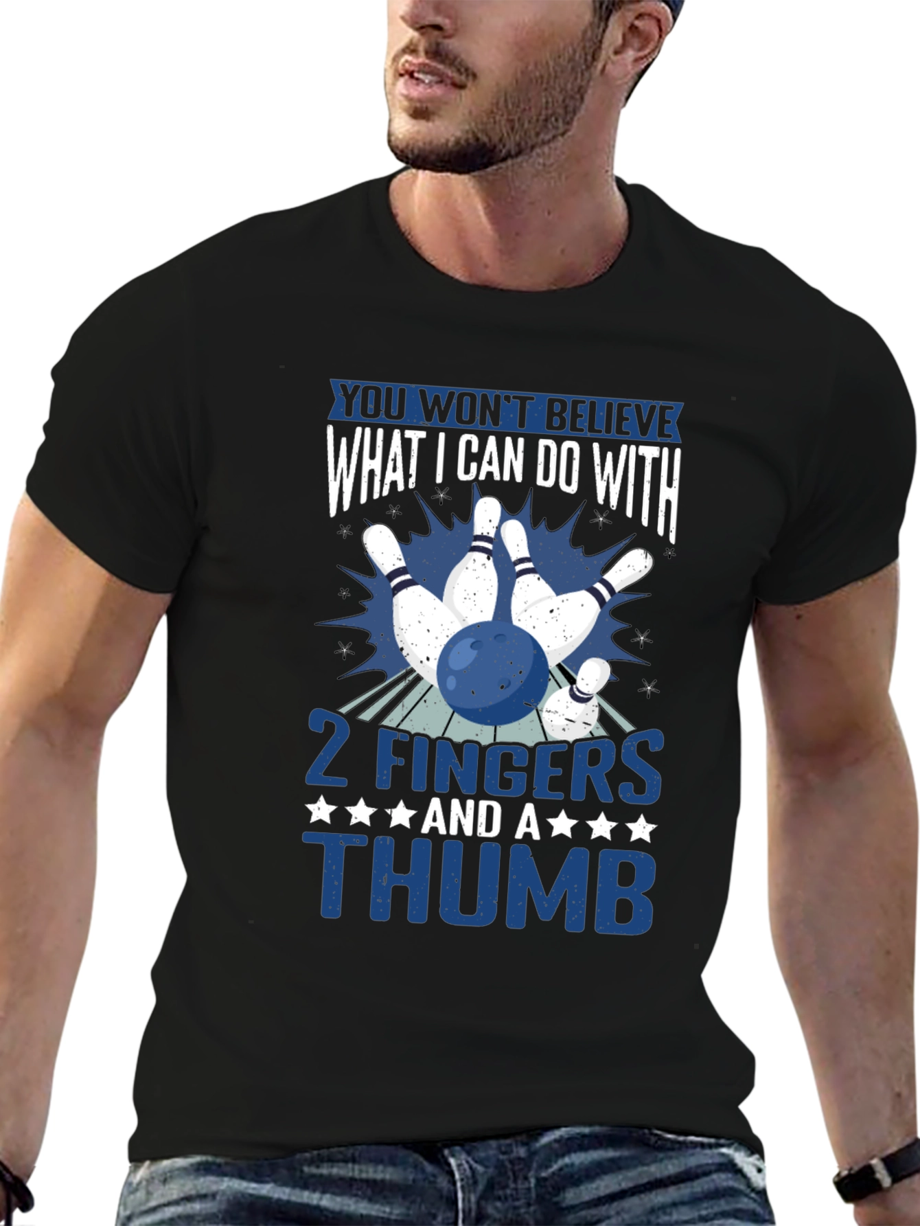 Black Funny Bowling T-Shirt: 2 Fingers and a Thumb Graphic Tee view 6