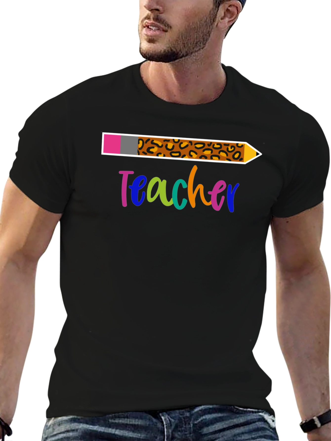 Black Teacher Leopard Print Pencil T-Shirt view 6