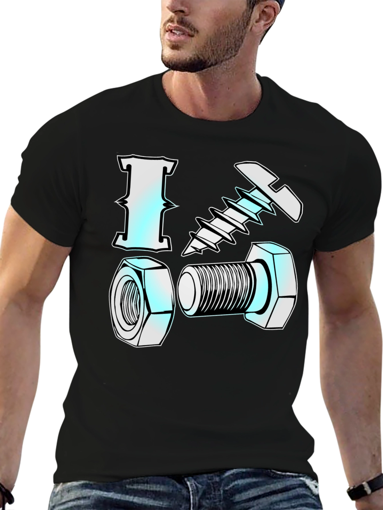 Black I Love Nuts & Bolts Funny Graphic T-Shirt view 6
