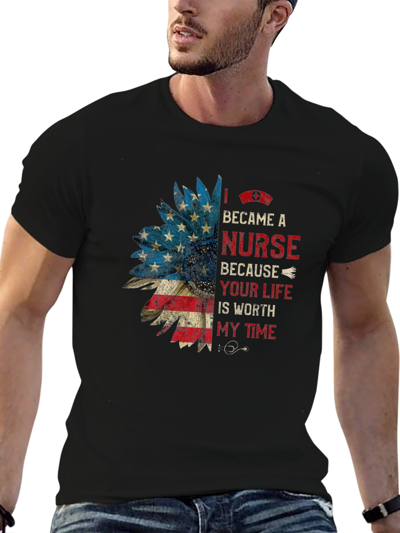 Black Nurse Sunflower T-Shirt Patriotic view 6
