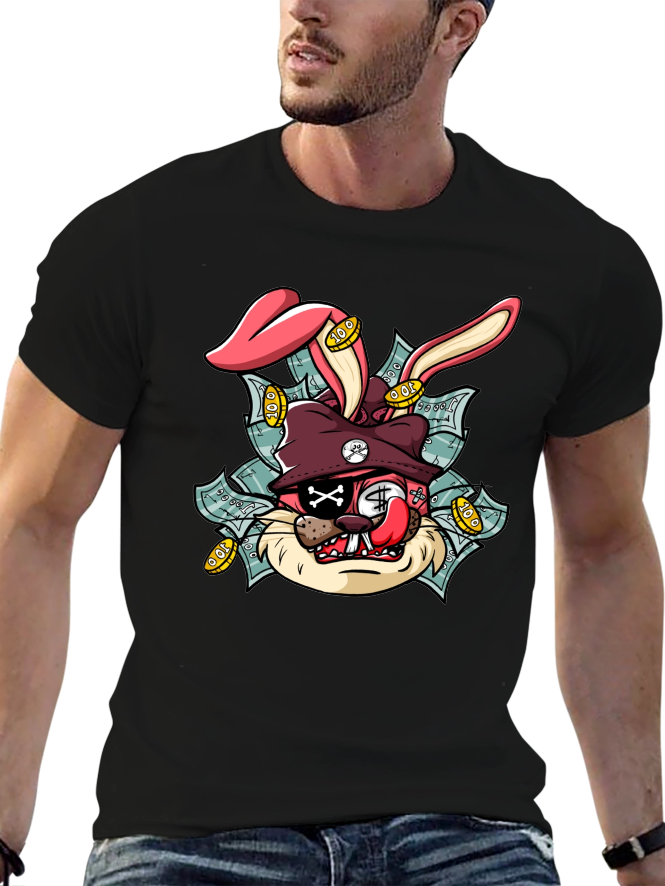 Black Cartoon Rabbit Graphic Black Tee view 6