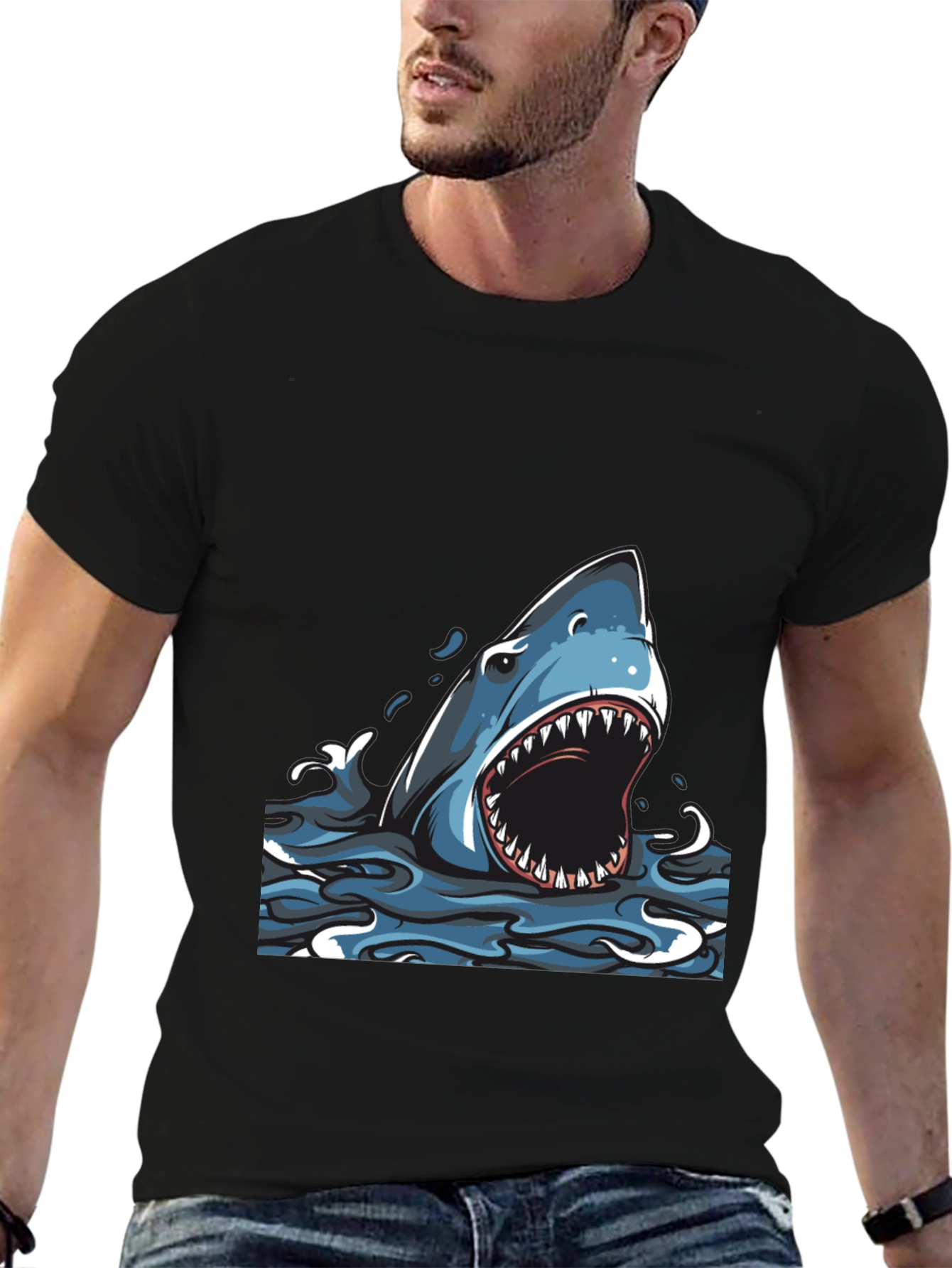 Black Shark Graphic Print Crew Neck T-Shirt view 6