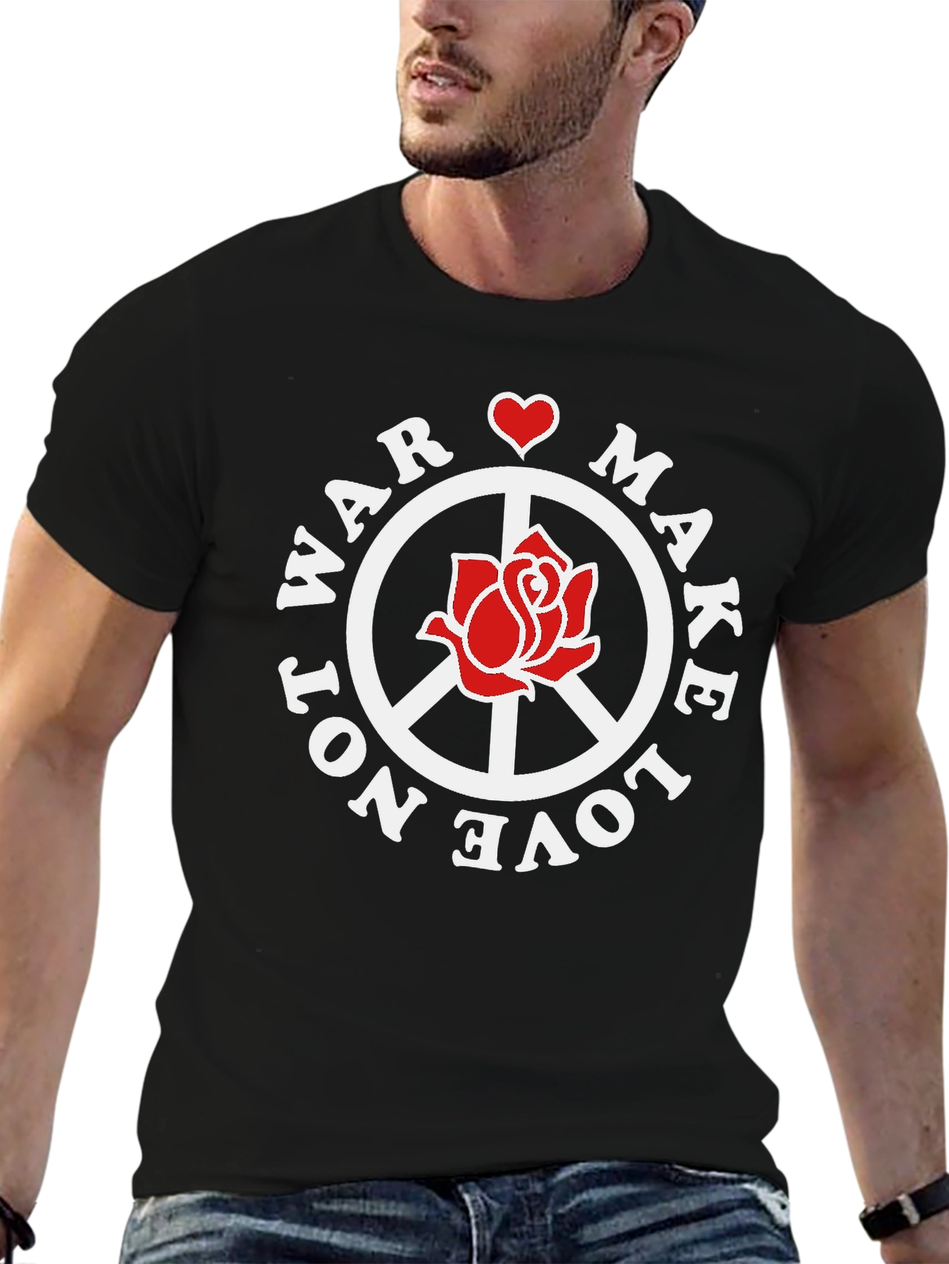 Black Make Love Not War T-Shirt Peace Sign Rose Graphic view 6