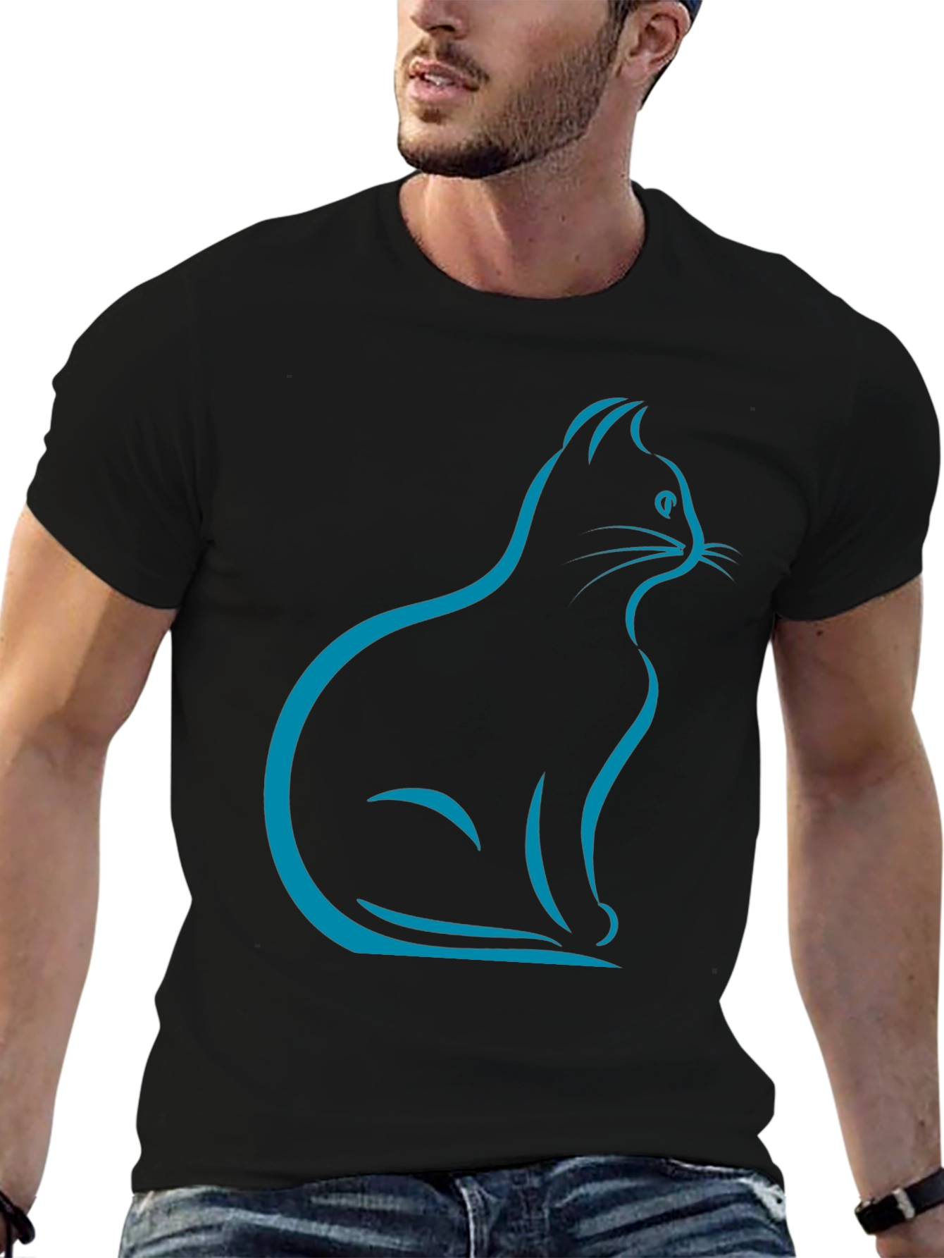 Black Stylish Cat Silhouette T-Shirt - Black view 6