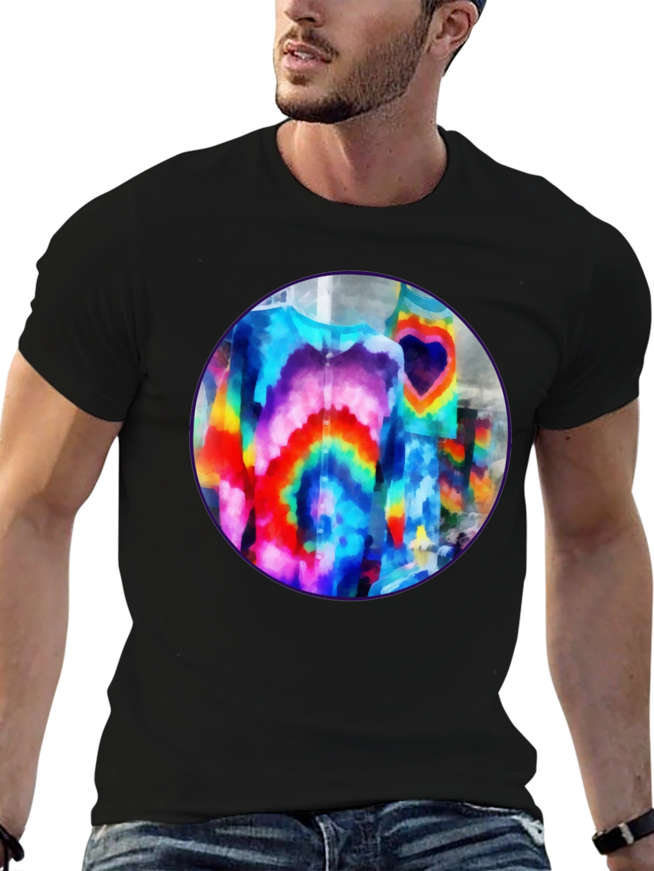 Black Vibrant Tie-Dye Graphic Tee - Bold Black Cotton T-Shirt view 6