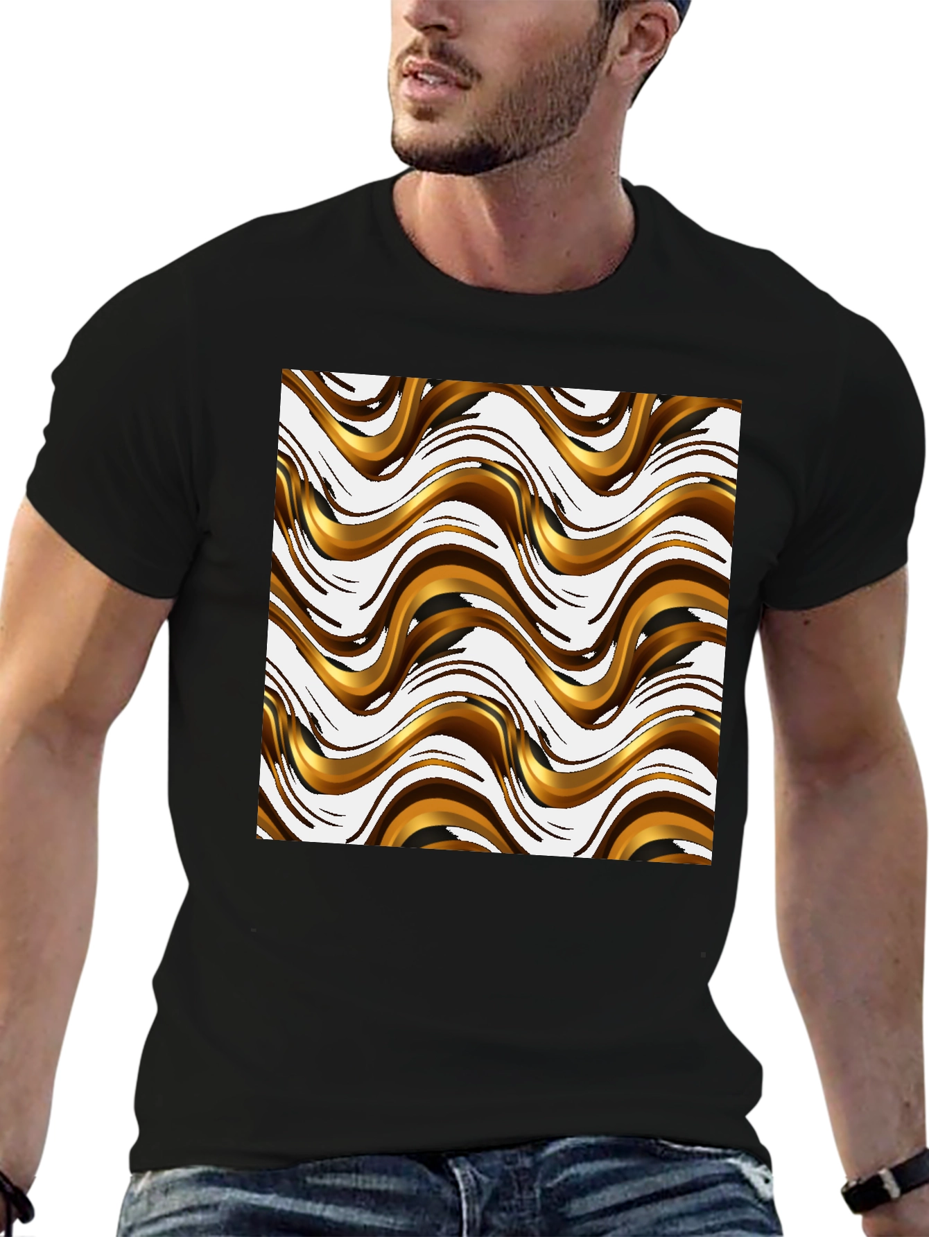 Black Stylish Black Tee with Abstract Gold Wave Design view 6