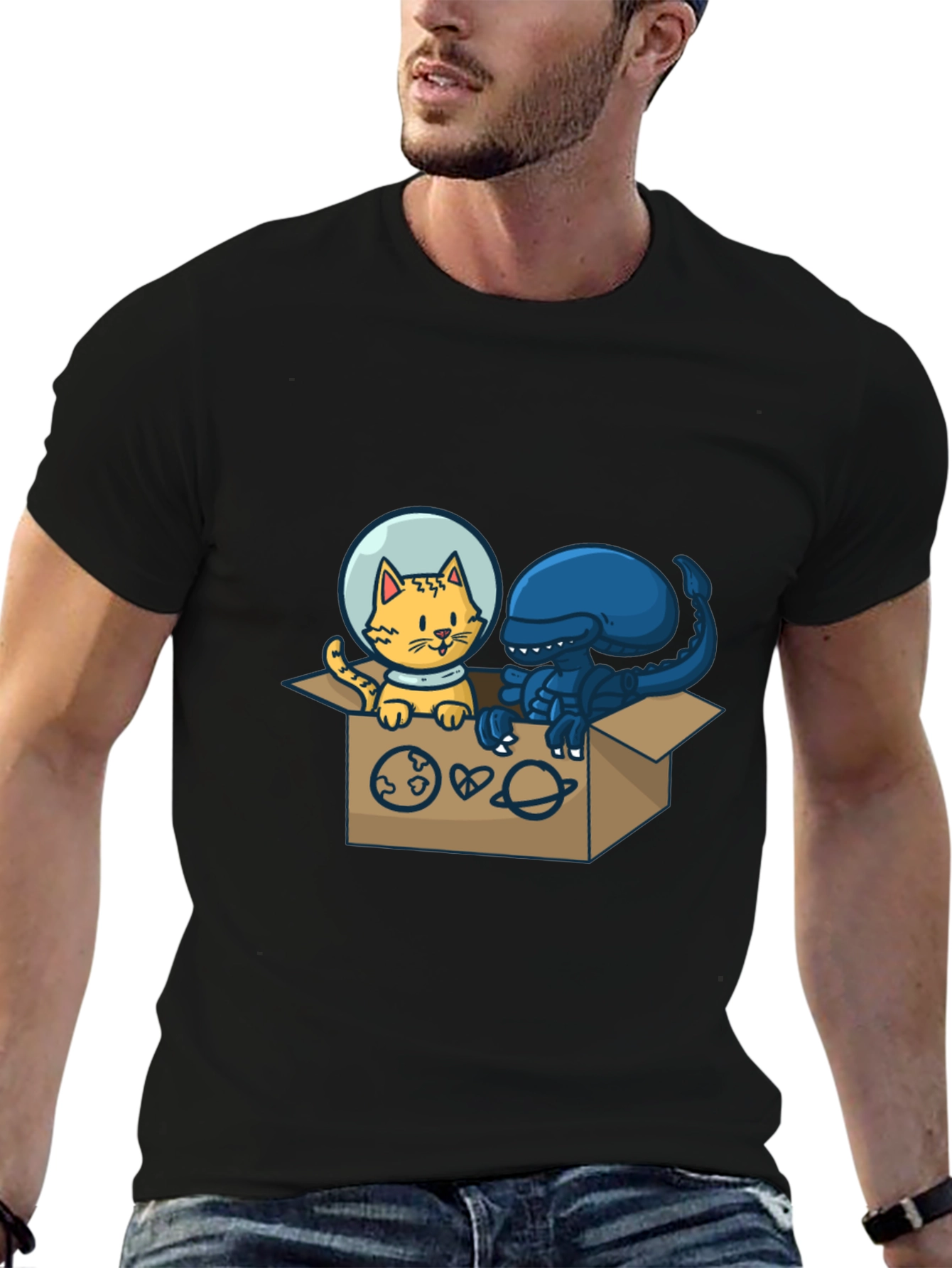 Black Cosmic Critters T-Shirt: Cat & Alien in Space! view 6