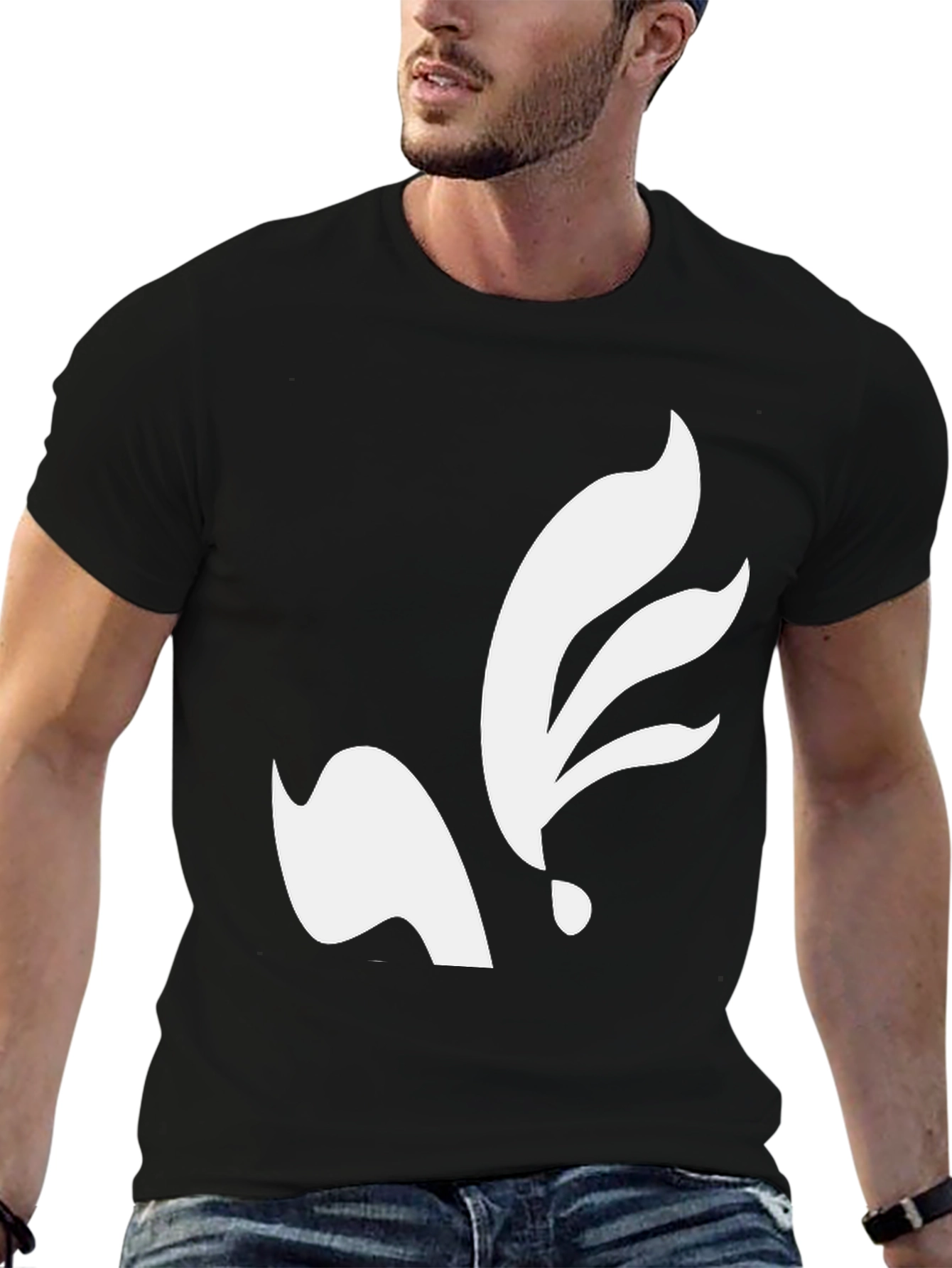 Black Black T-Shirt with Abstract White Leaf Design view 6